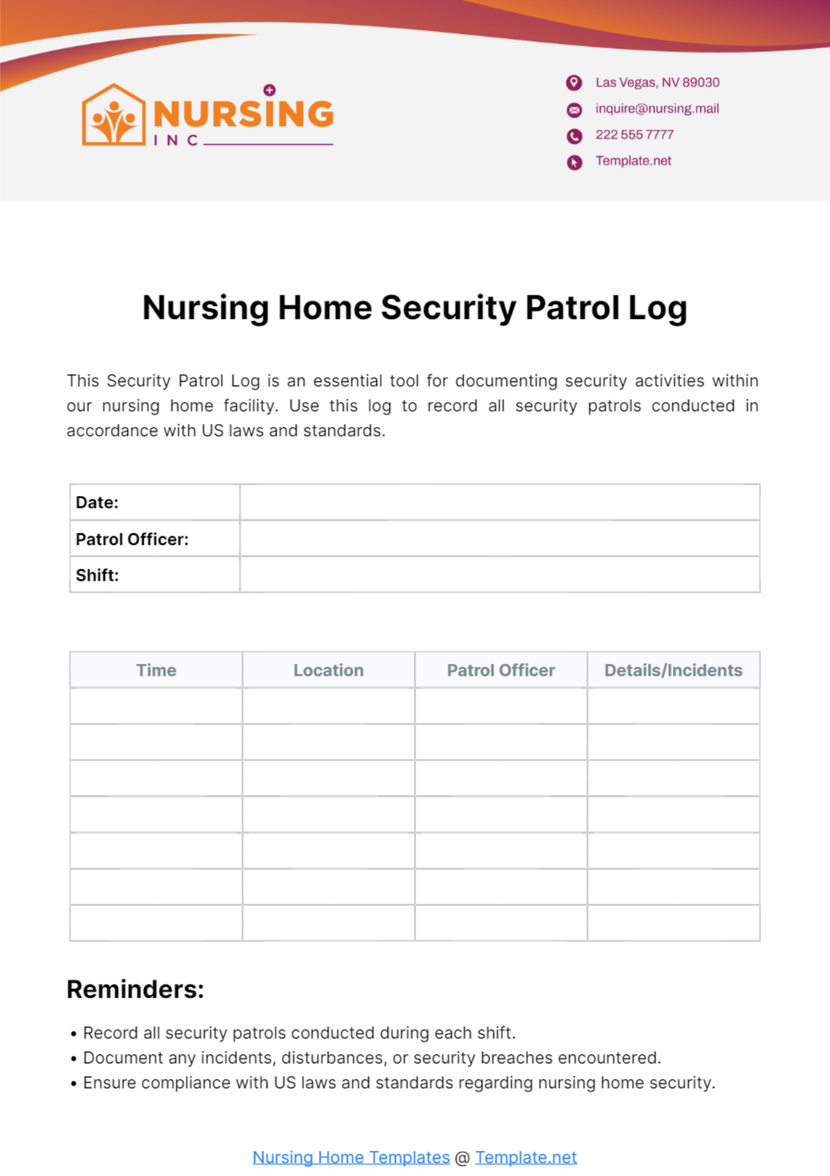 Nursing Home Security Patrol Log Template