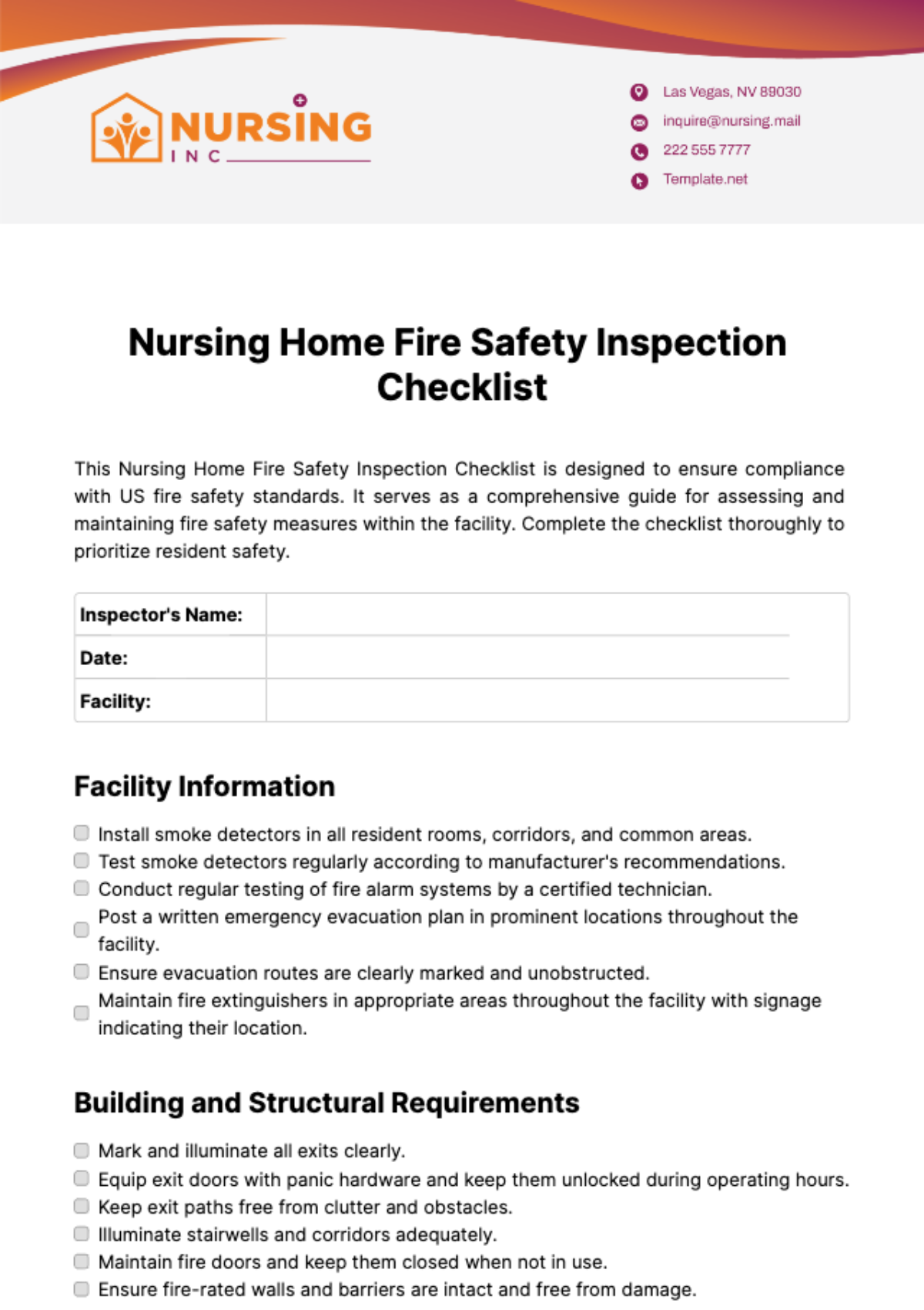 Nursing Home Fire Safety Inspection Checklist Template