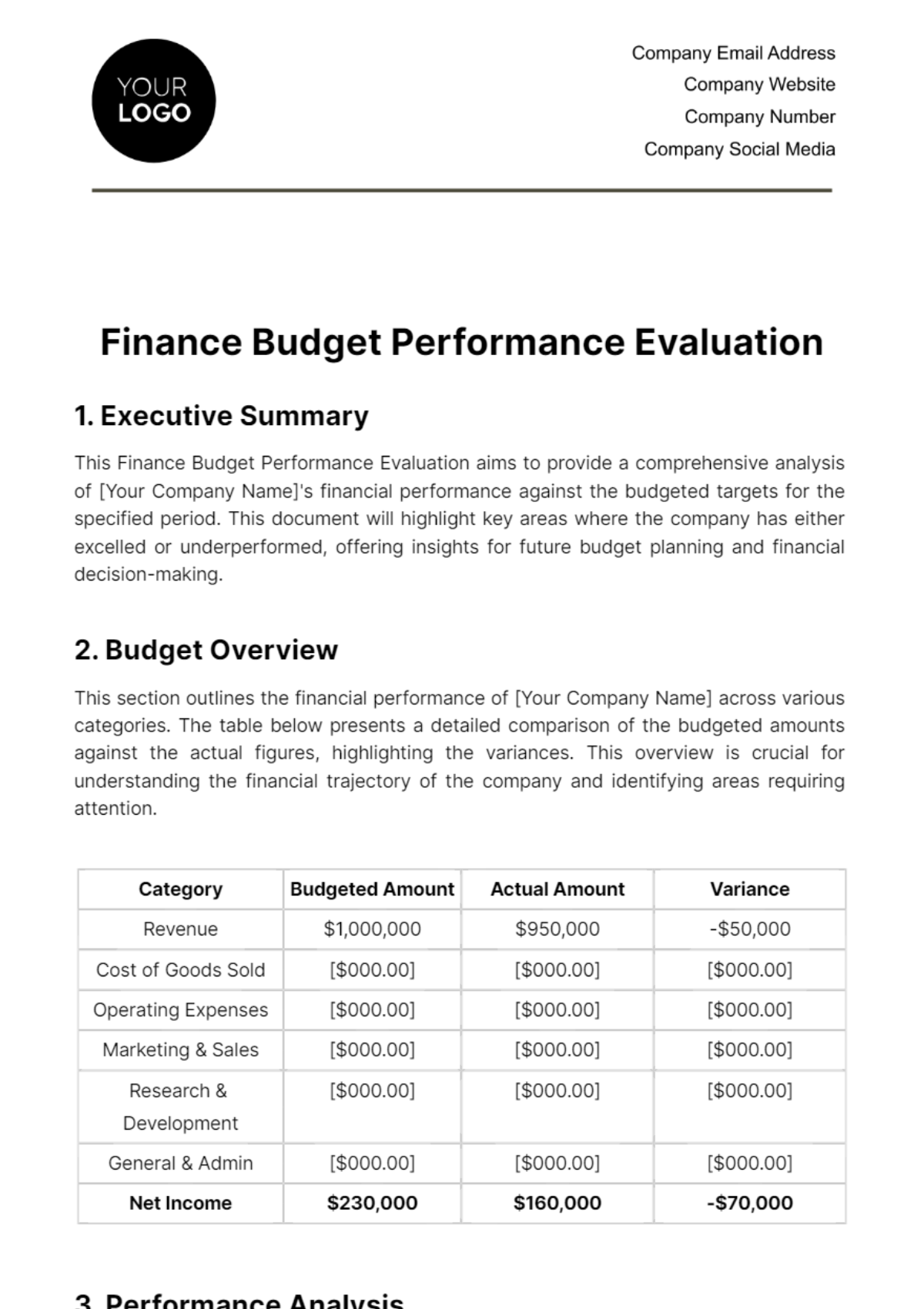 Free Finance Budget Performance Evaluation Template