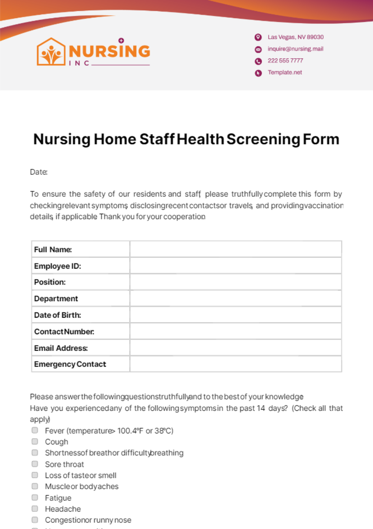 Free Nursing Home Staff Health Screening Form Template