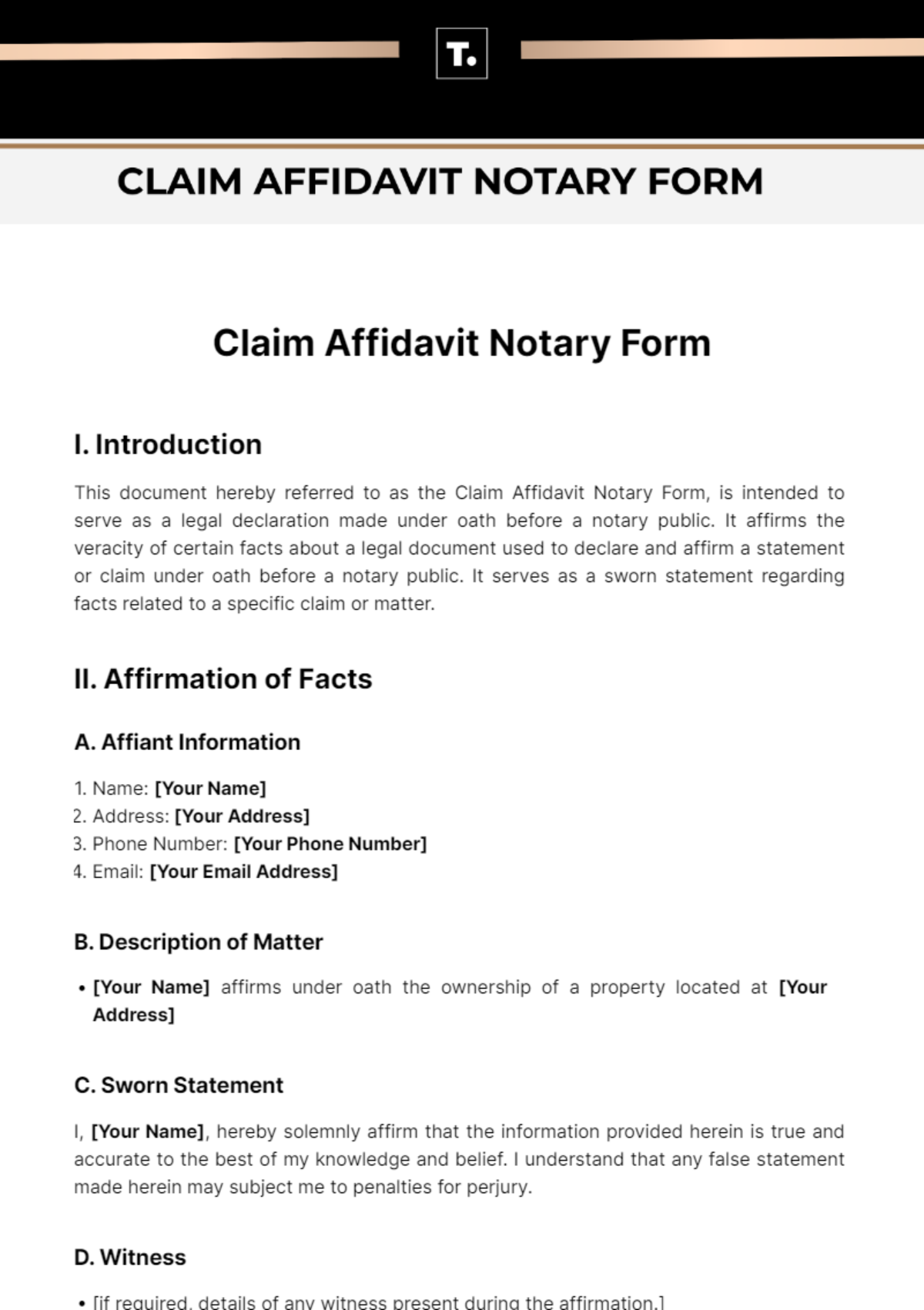 Free Claim Affidavit Notary Form Template