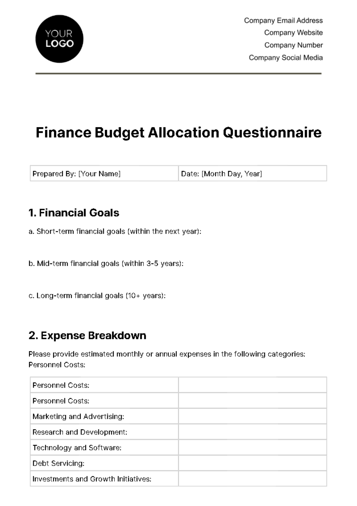 Free Finance Budget Allocation Questionnaire Template