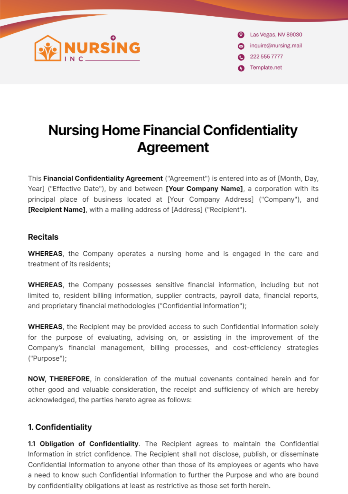 Free Nursing Home Financial Confidentiality Agreement Template