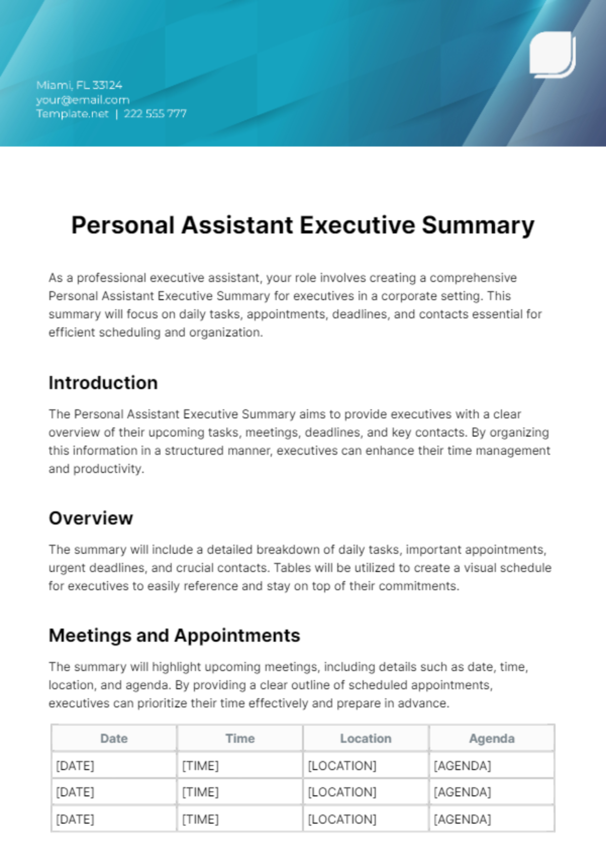 Personal Assistant Executive Summary Template