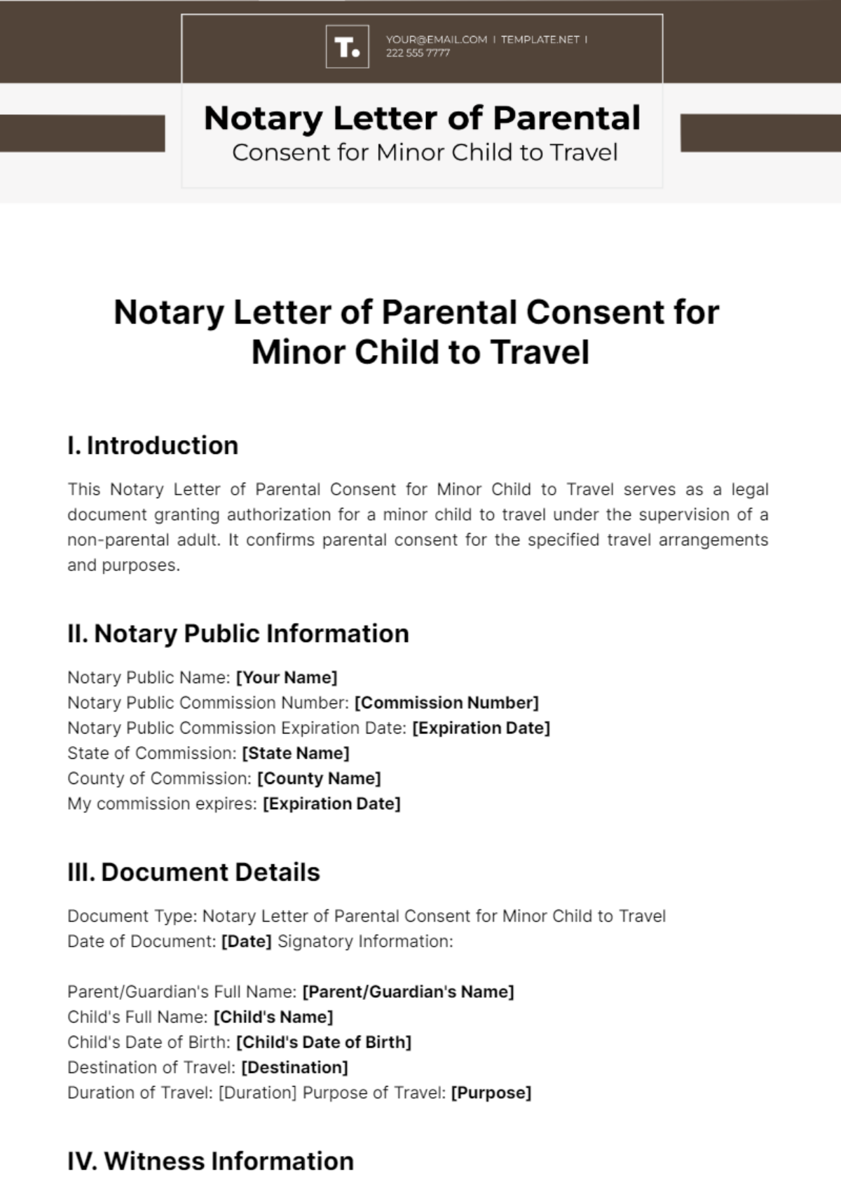 Free Notary Letter of Parental Consent for Minor Child to Travel Template