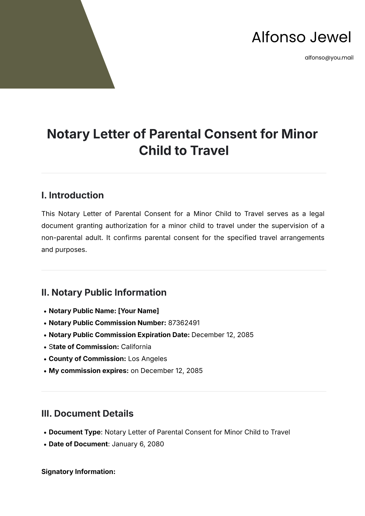 Free Notary Letter of Parental Consent for Minor Child to Travel Template