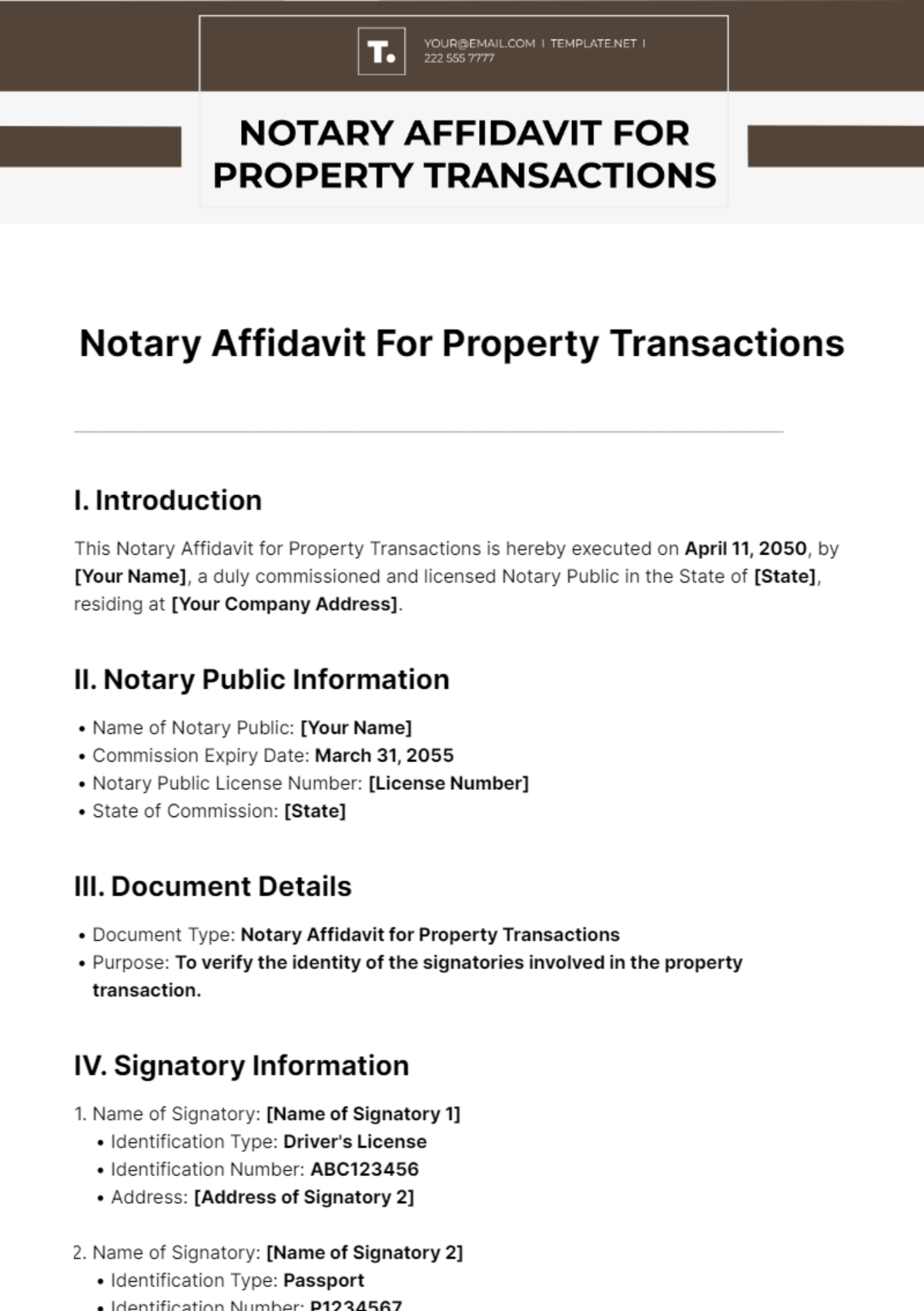 Notary Affidavit For Property Transactions Template
