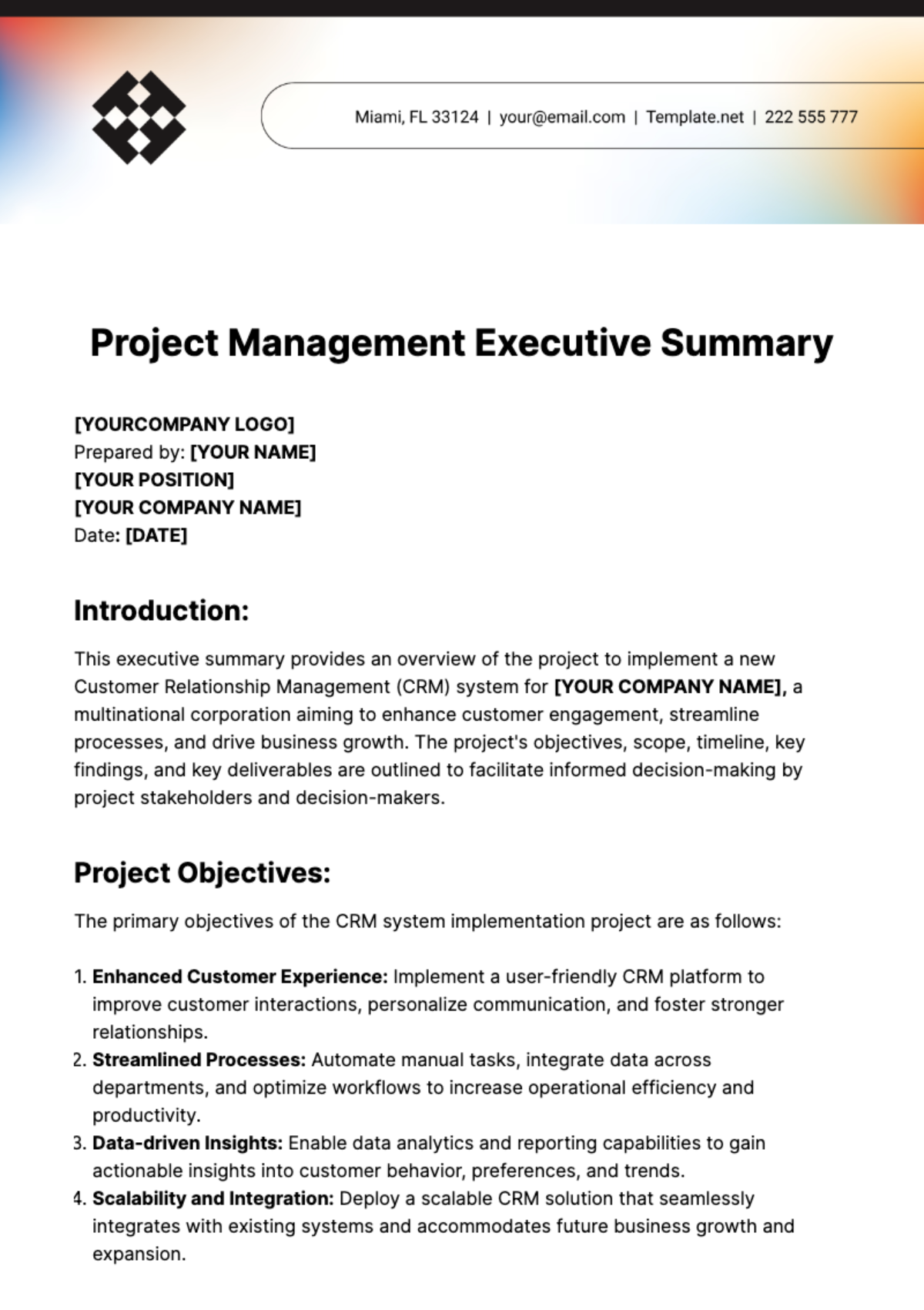 Project Management Executive Summary Template - Edit Online & Download