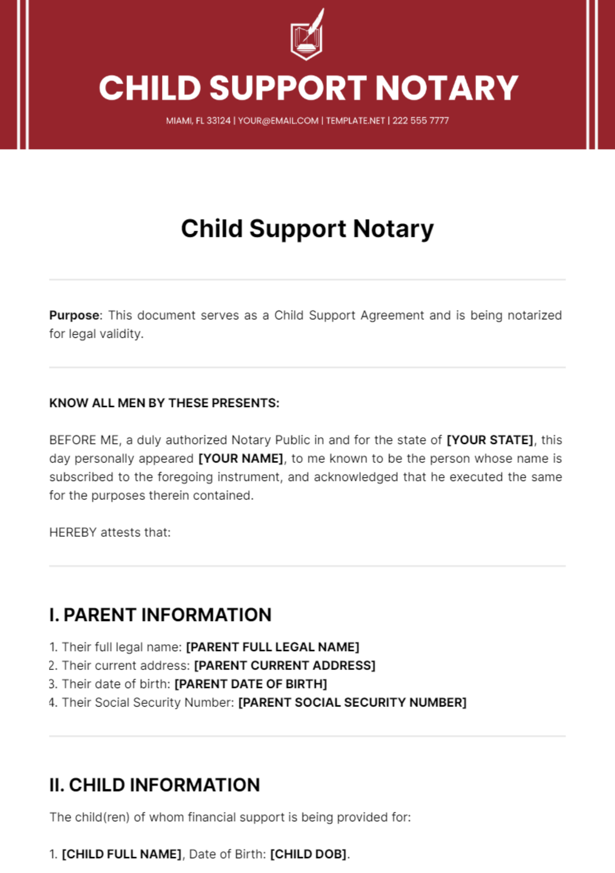 Child Support Notary Template