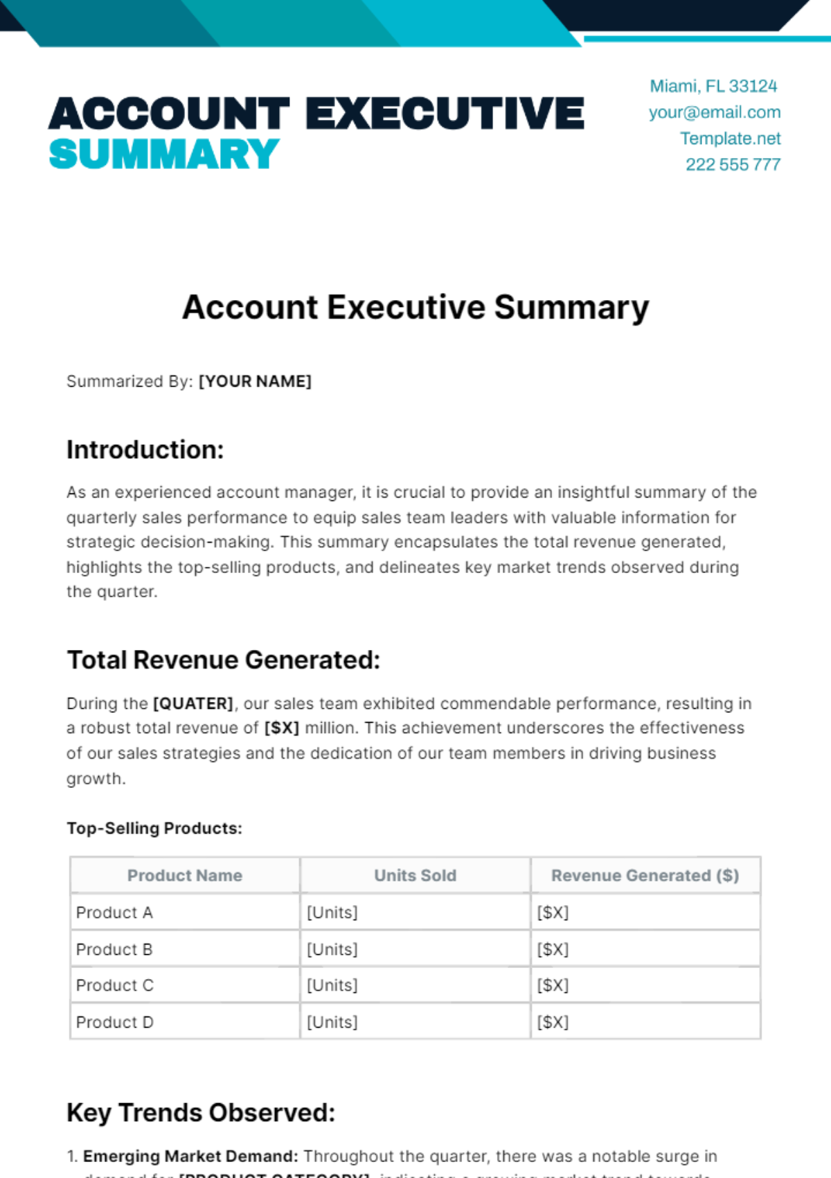 Account Executive Summary Template