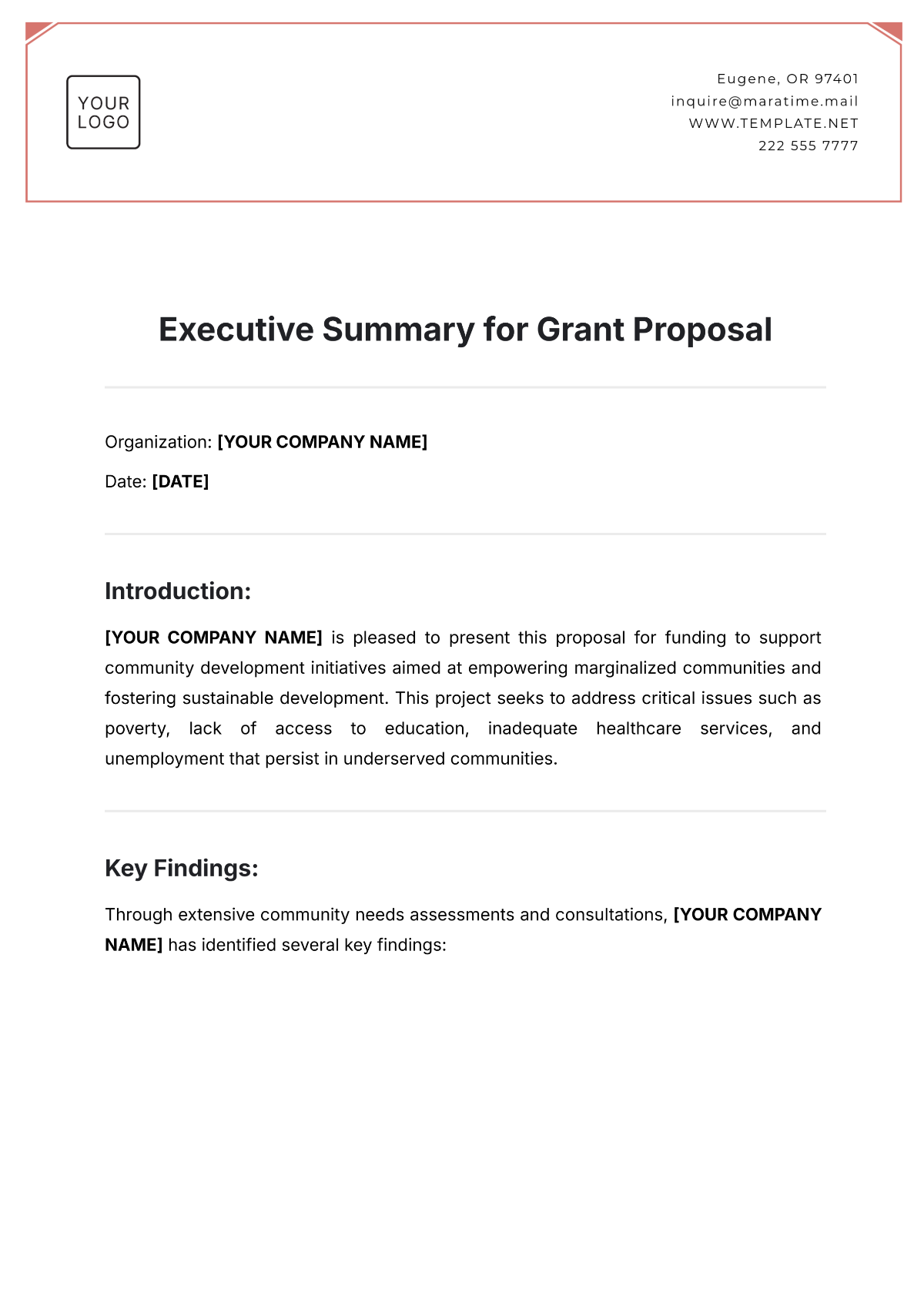 Executive Summary for Grant Proposal Template - Edit Online & Download