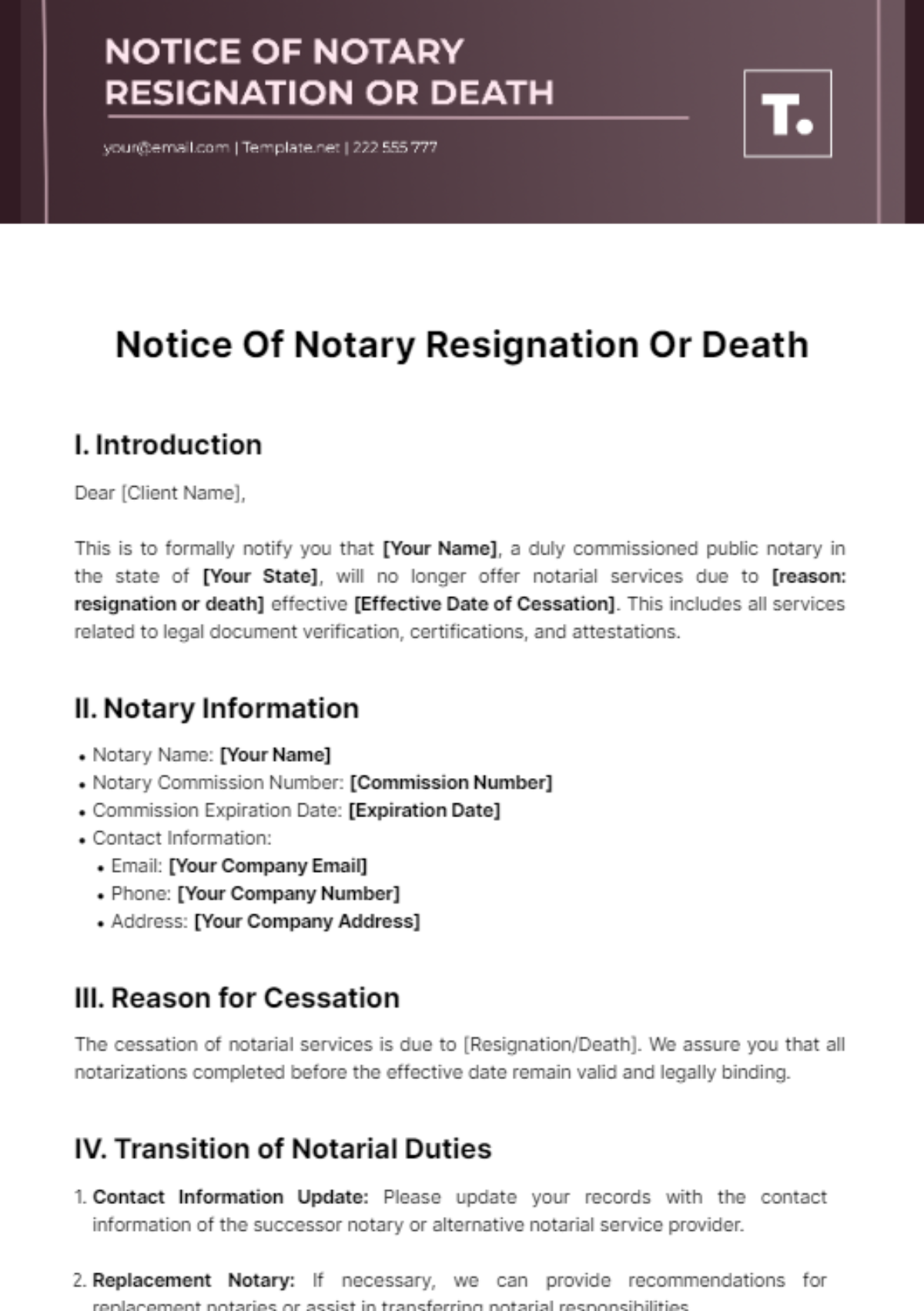 Notice Of Notary Resignation Or Death Template