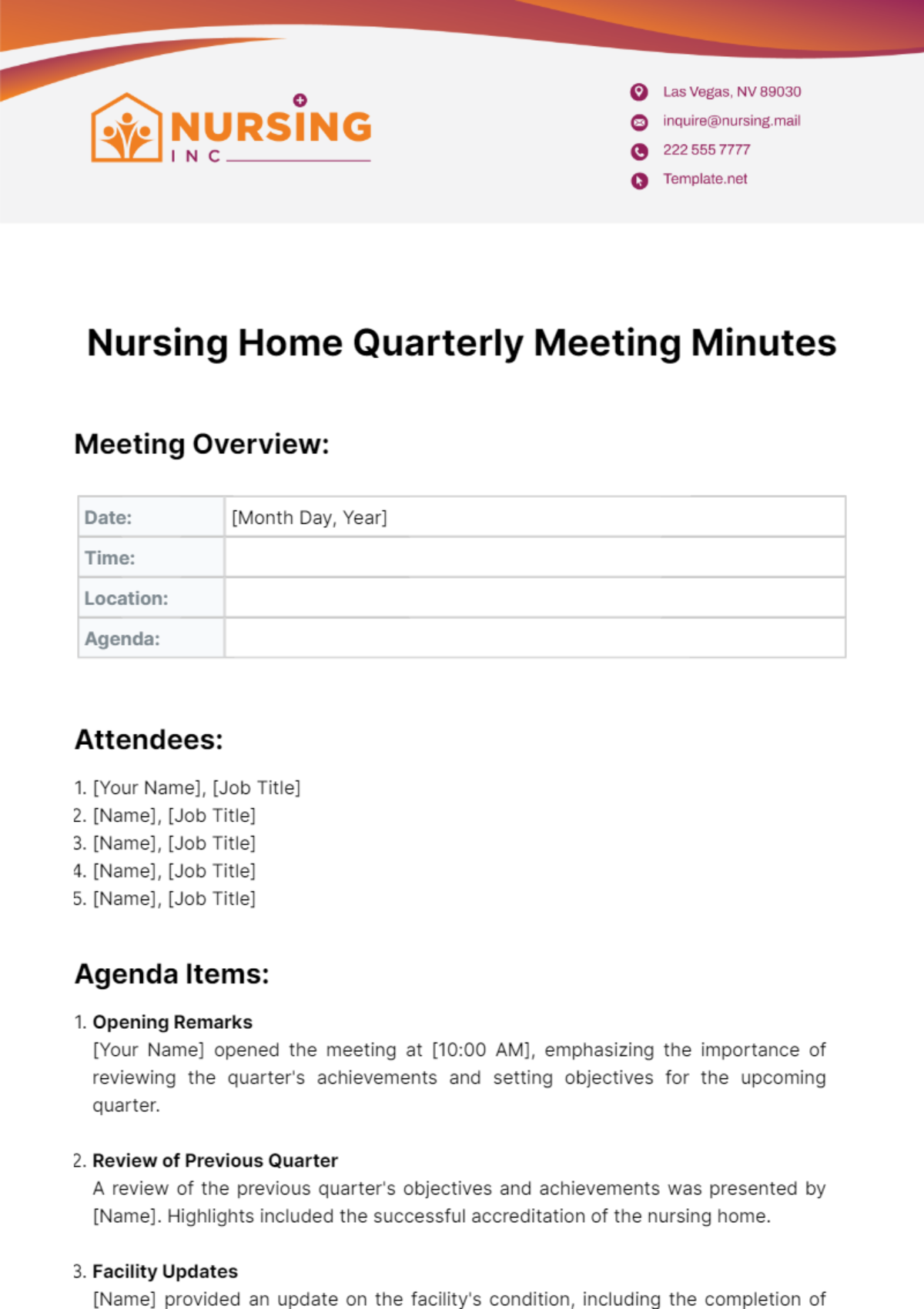 Nursing Home Quarterly Meeting Minutes Template