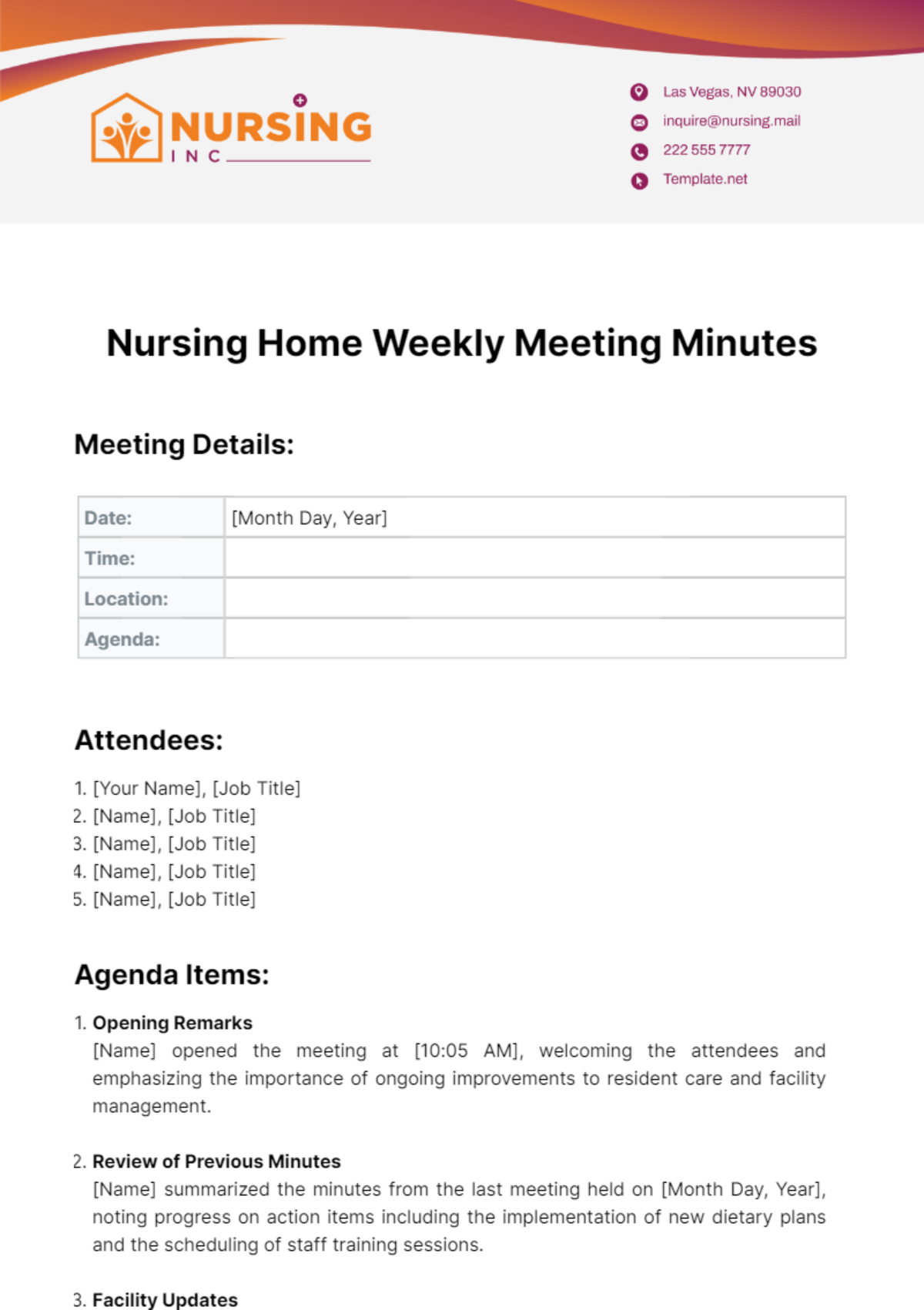 Nursing Home Weekly Meeting Minutes Template