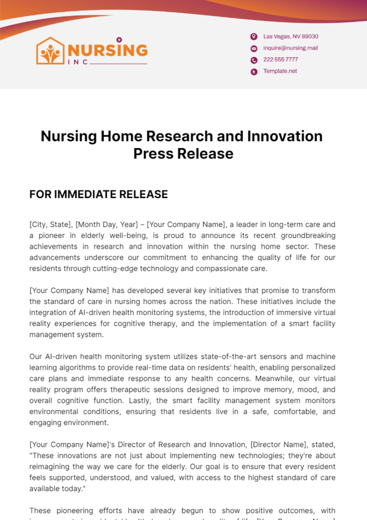 Nursing Home Research and Innovation Press Release Template