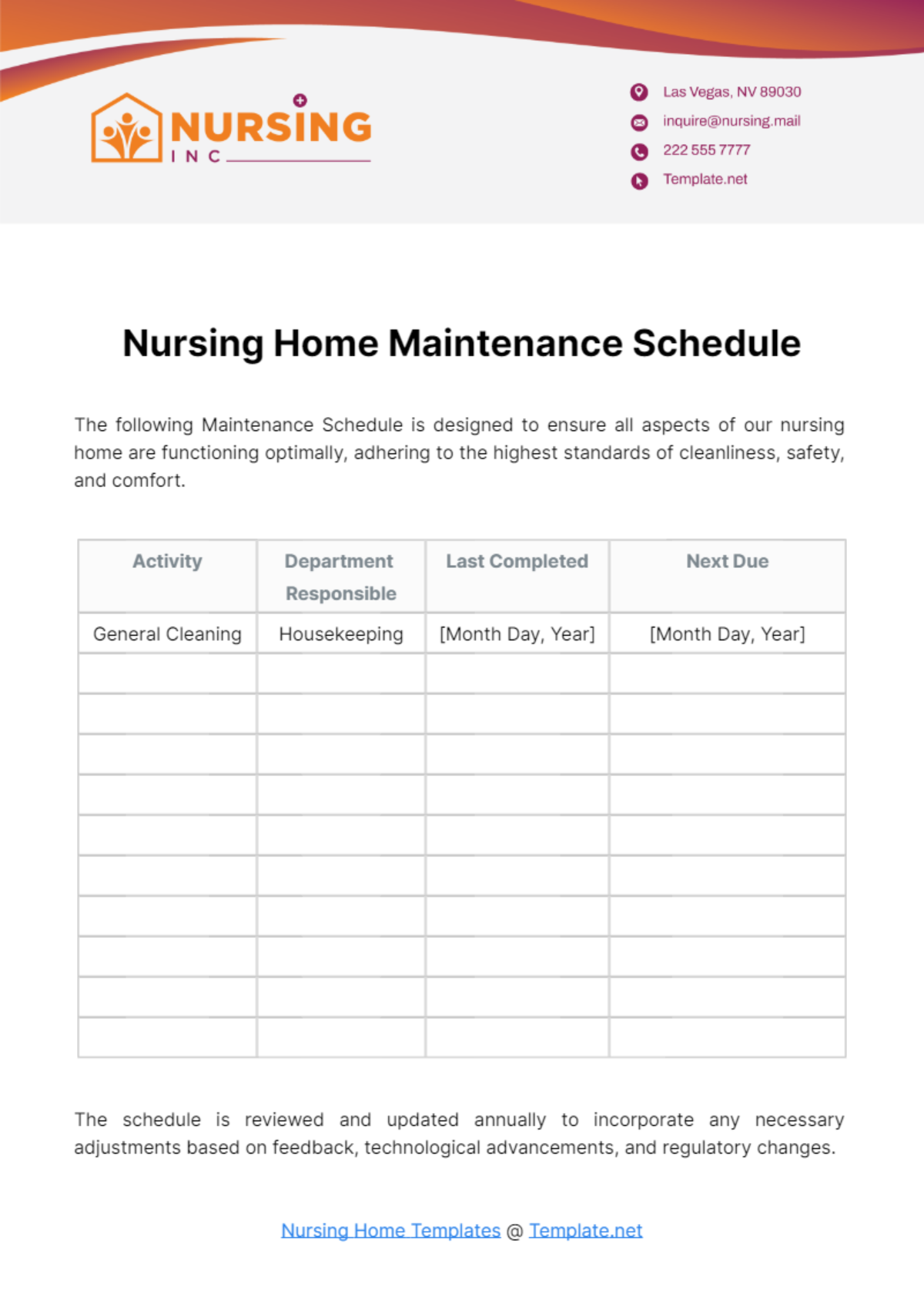 Nursing Home Maintenance Schedule Template