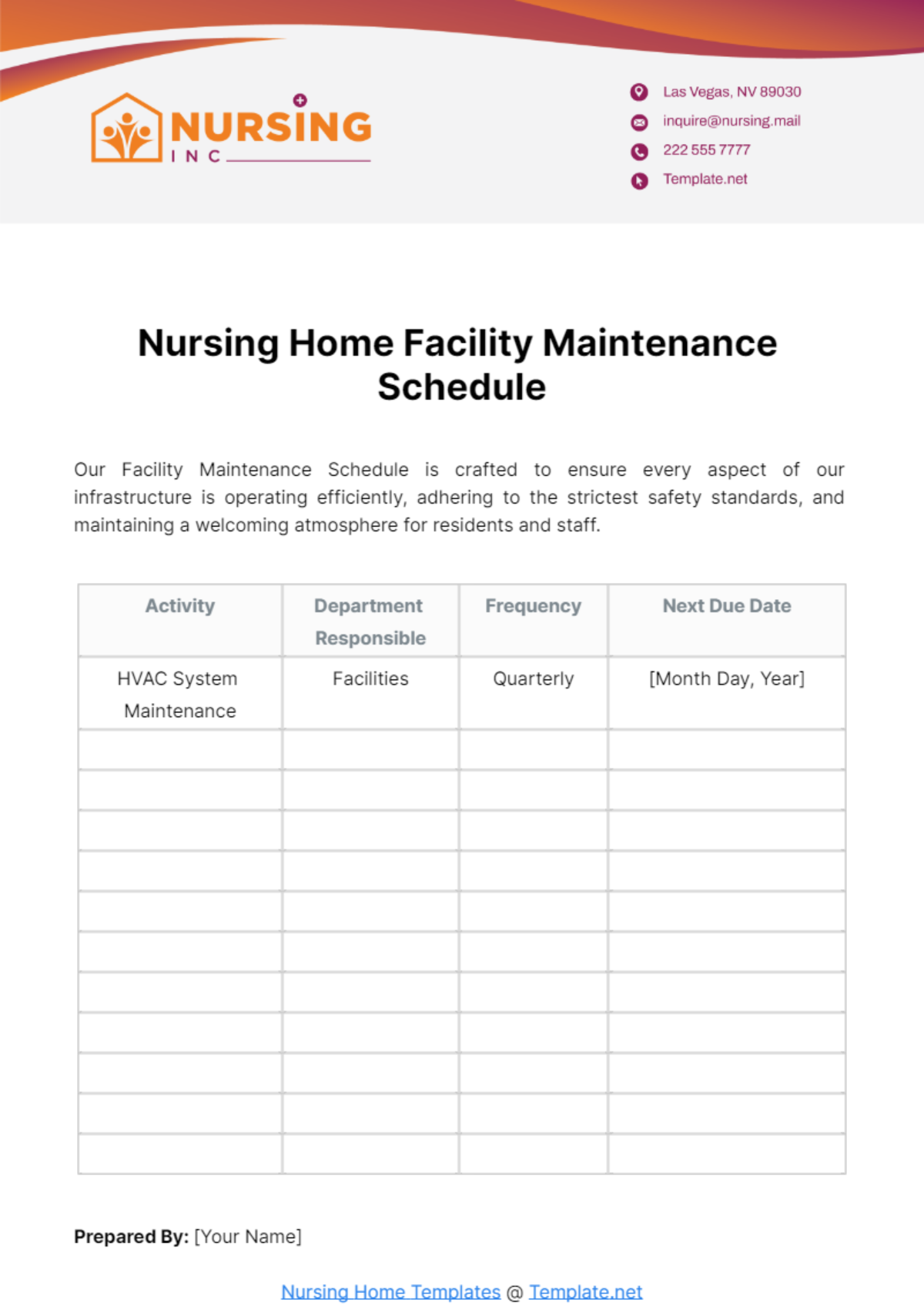 Nursing Home Facility Maintenance Schedule Template
