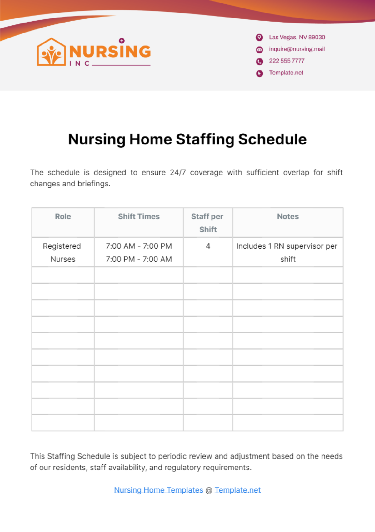 Nursing Home Staffing Schedule Template