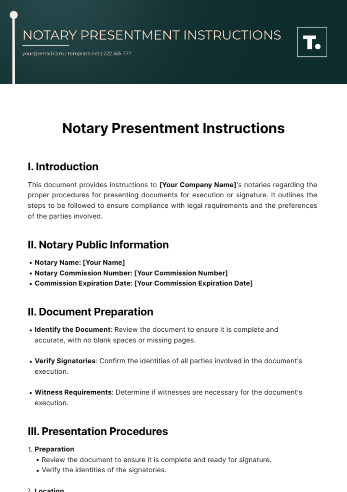 Free Notary Presentment Instructions Template