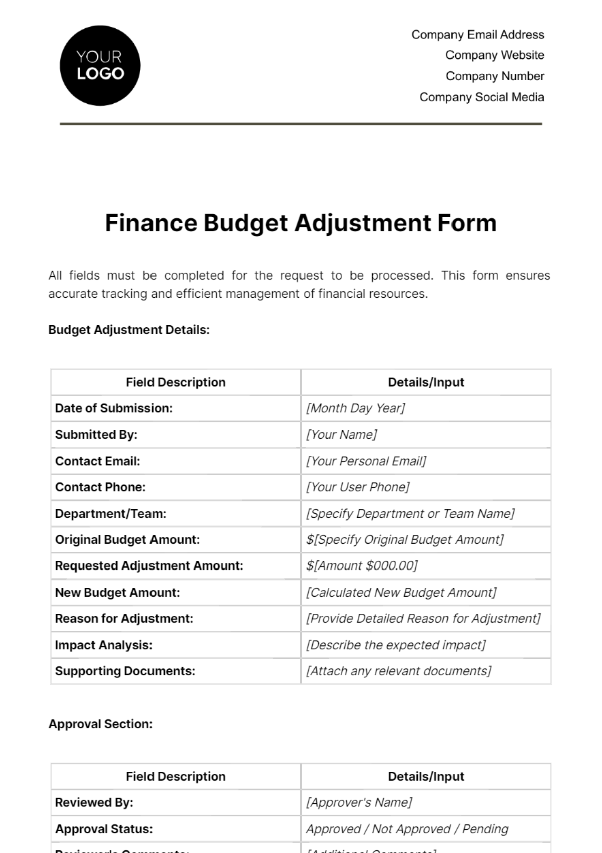 Free Finance Budget Adjustment Form Template