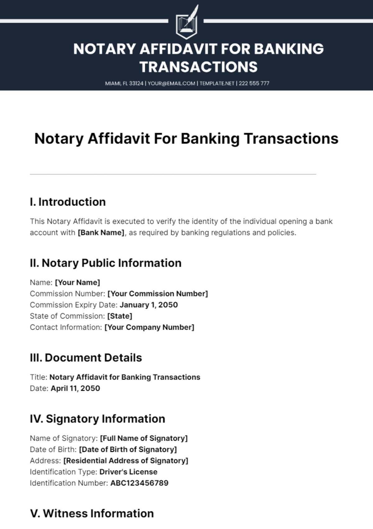 Notary Affidavit For Banking Transactions Template