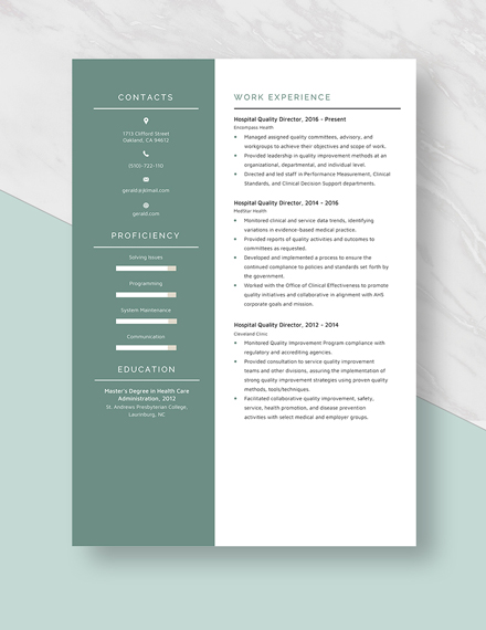 Hospital Quality Director Resume Template