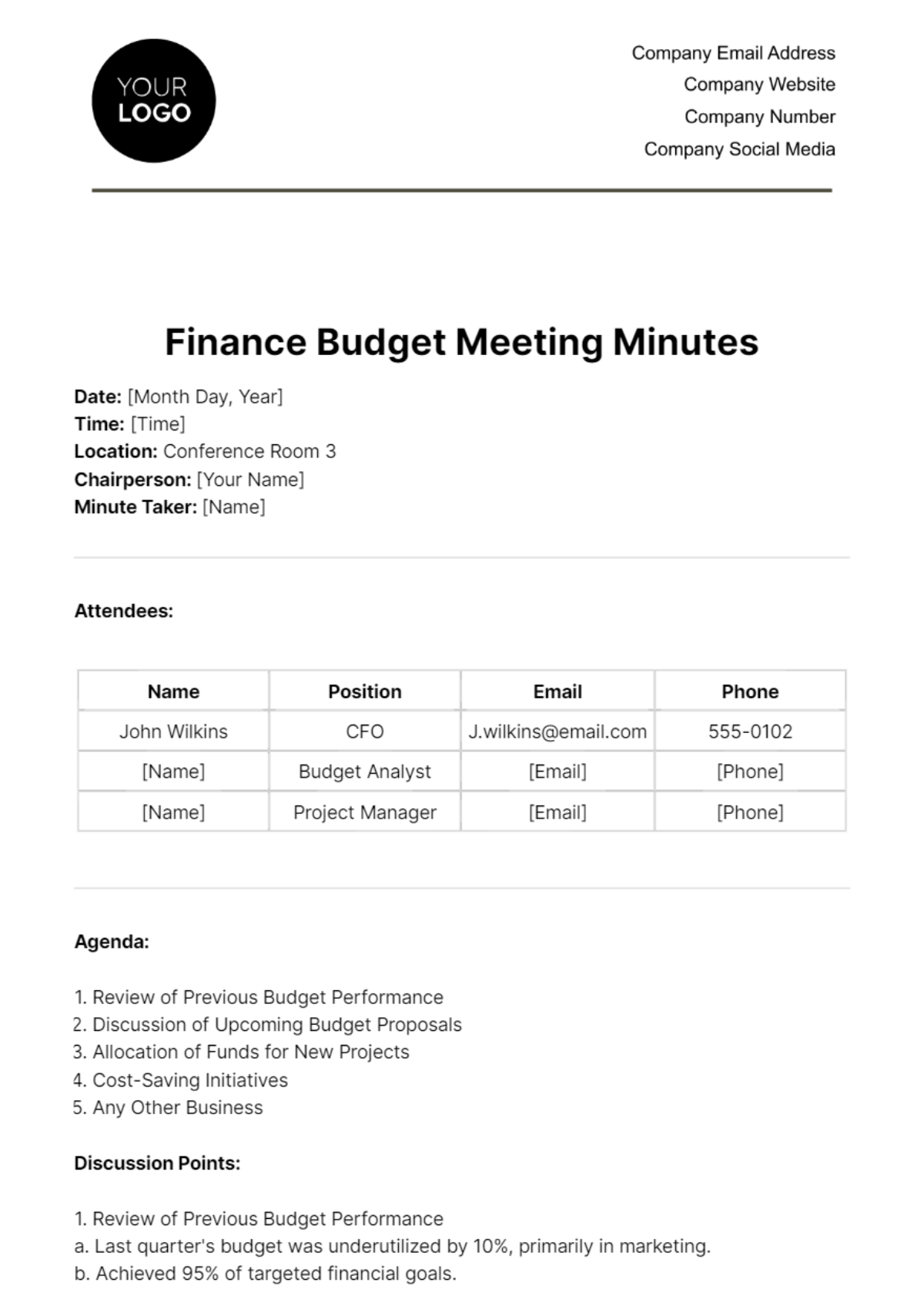 Finance Budget Meeting Minute Template