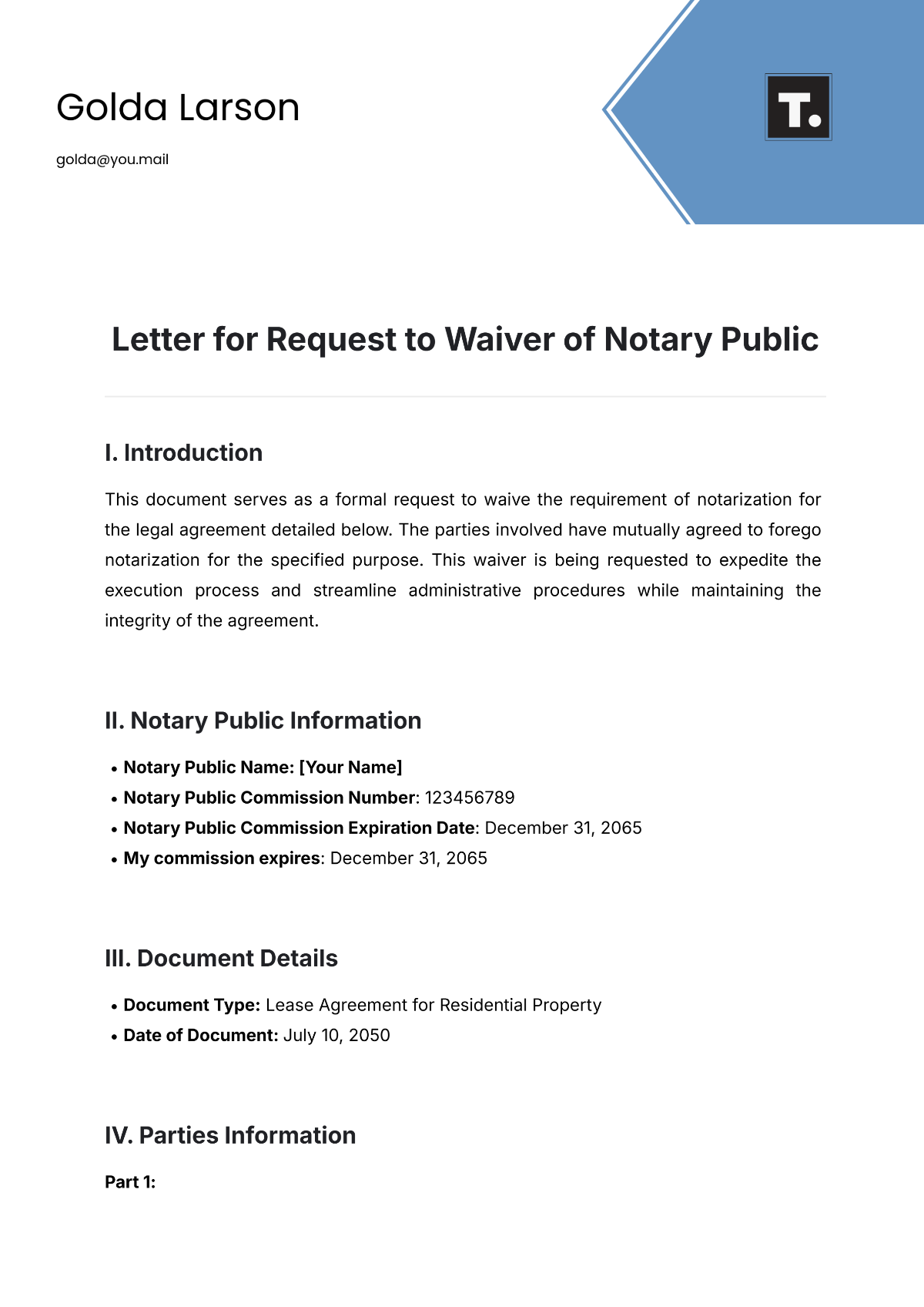 Free Letter for Request to Waiver of Notary Public Template