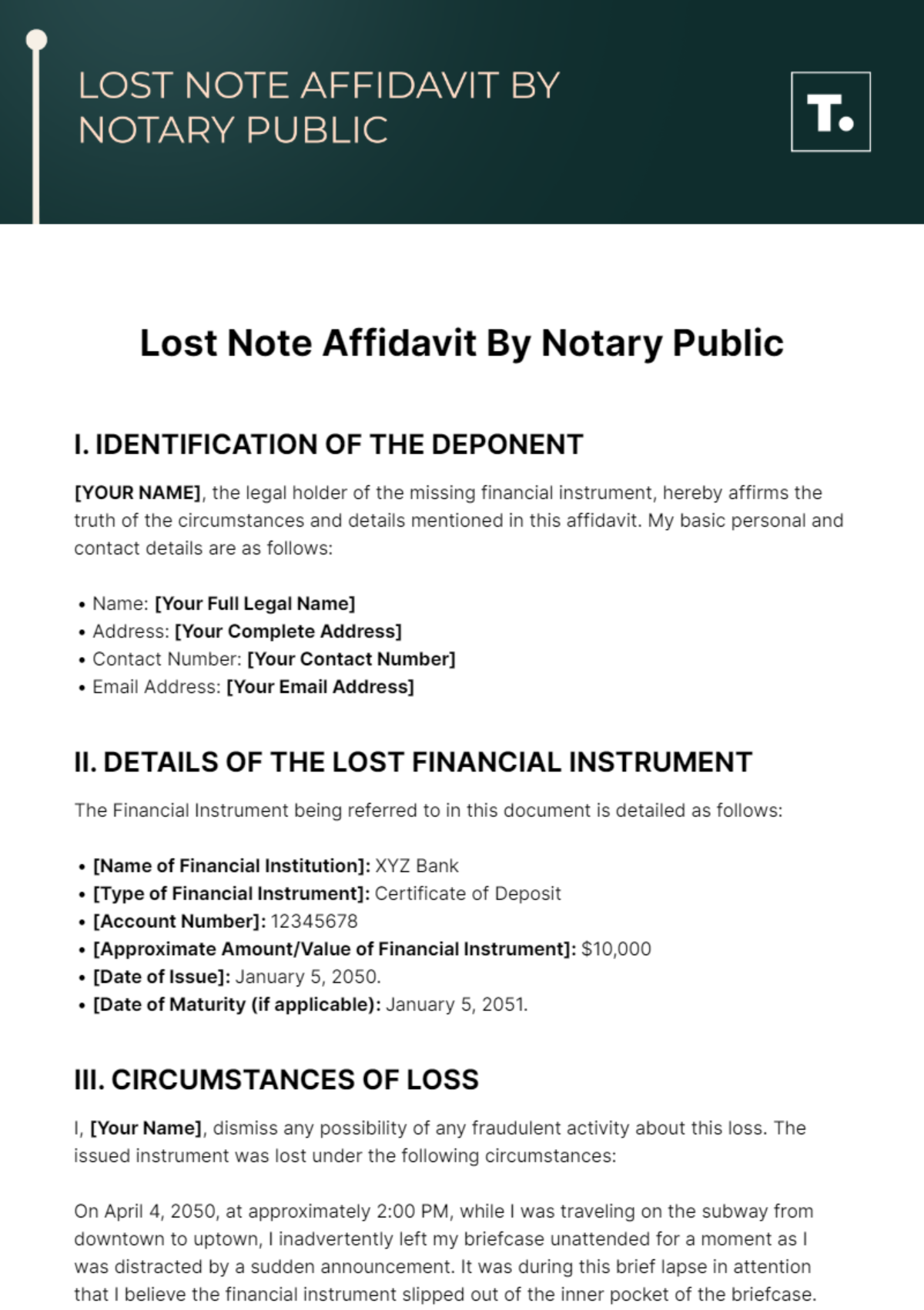 Free Lost Note Affidavit By Notary Public Template