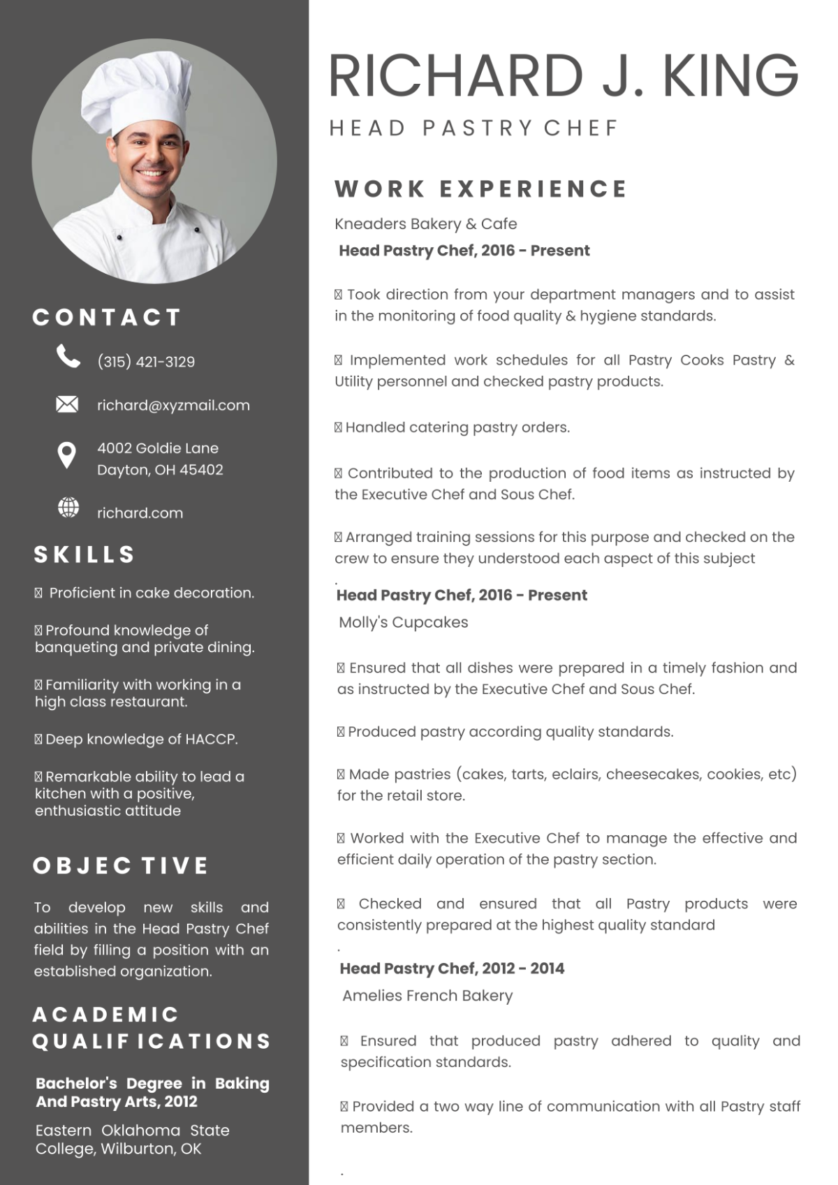 Head Pastry Chef Resume Template
