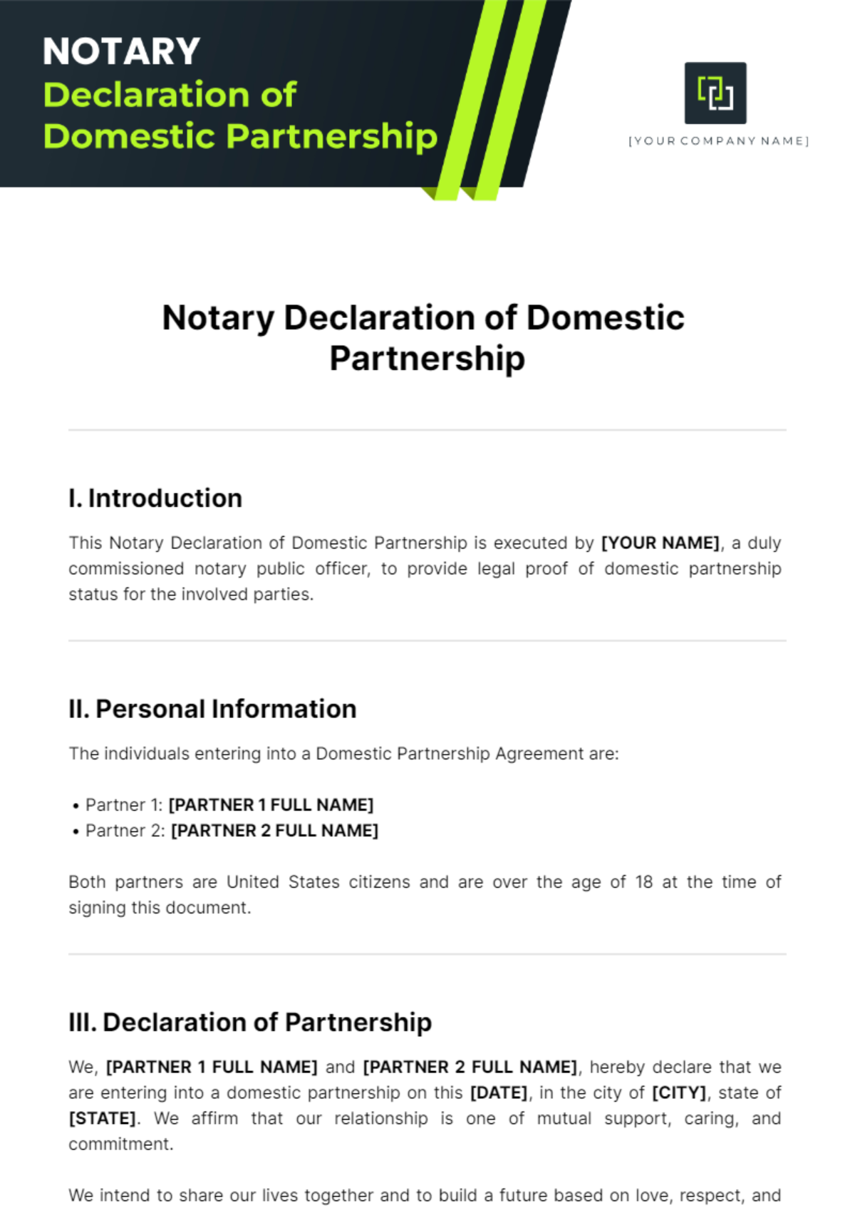 Notary Declaration Of Domestic Partnership Template