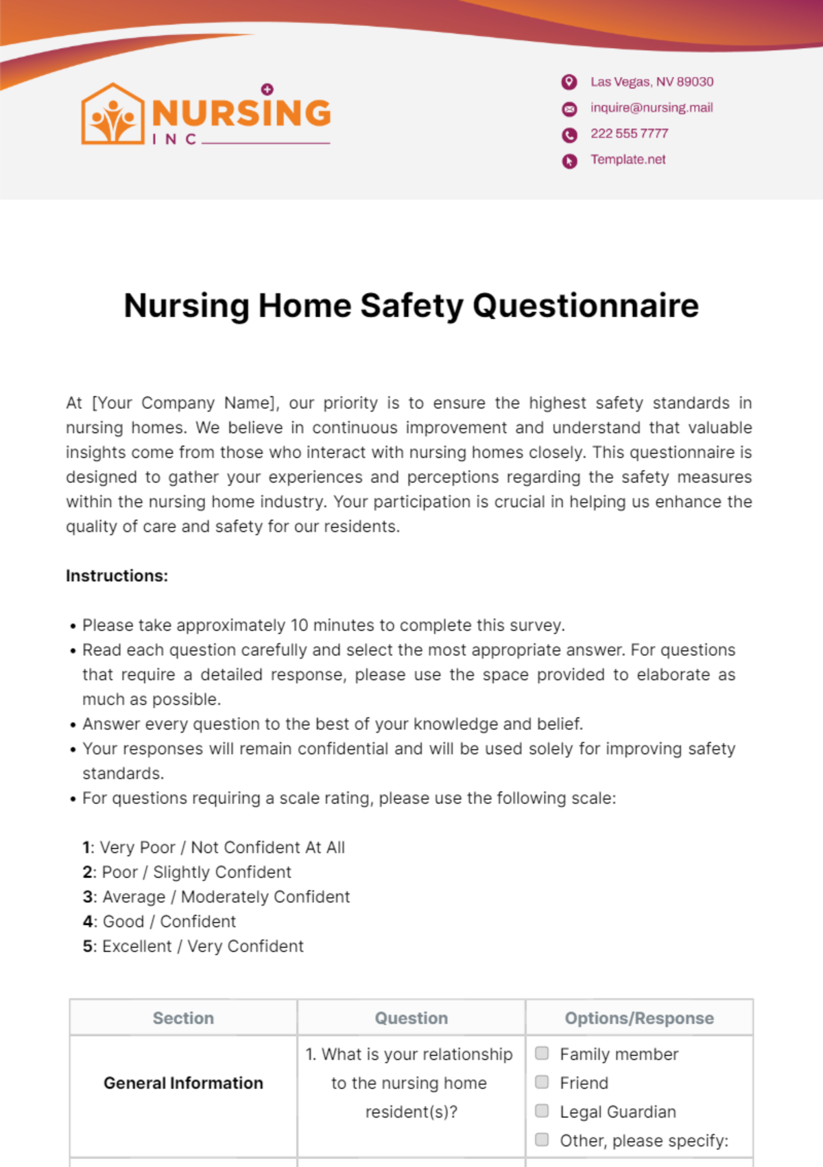 Free Nursing Home Safety Questionnaire Template