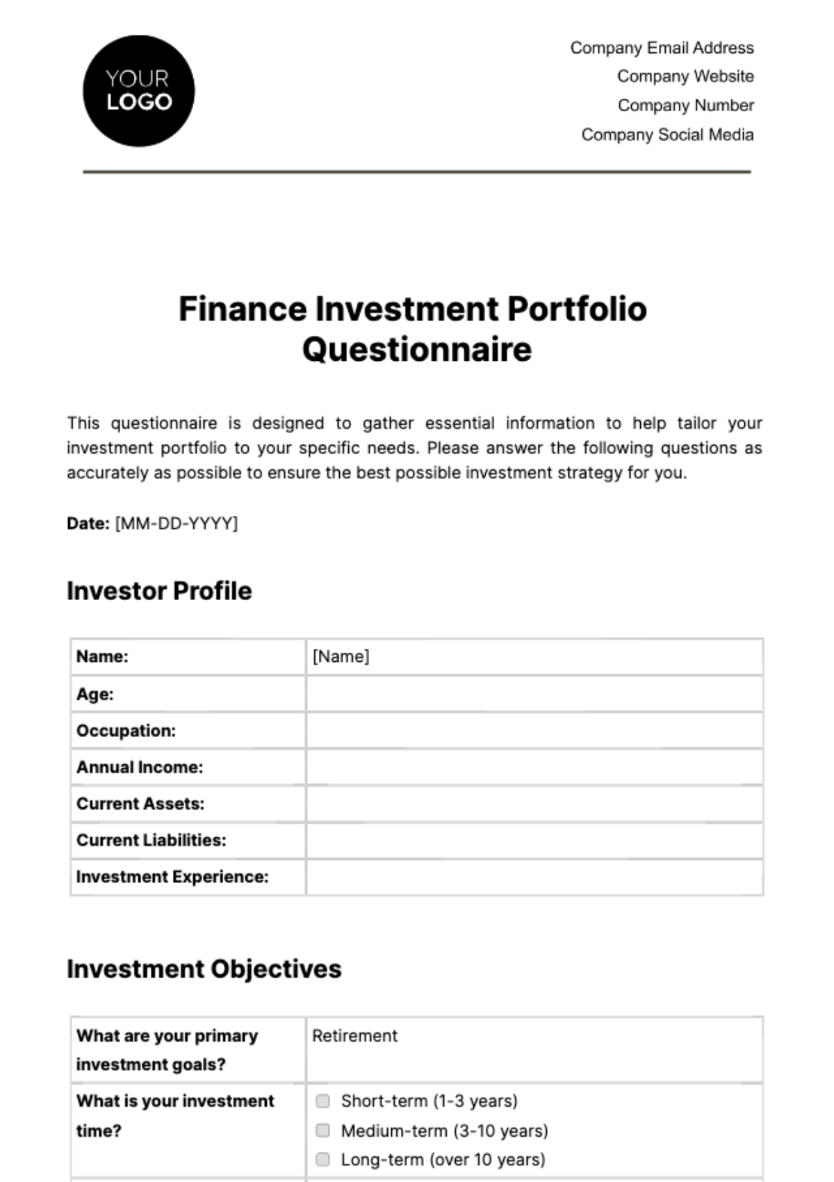 Finance Investment Portfolio Questionnaire Template