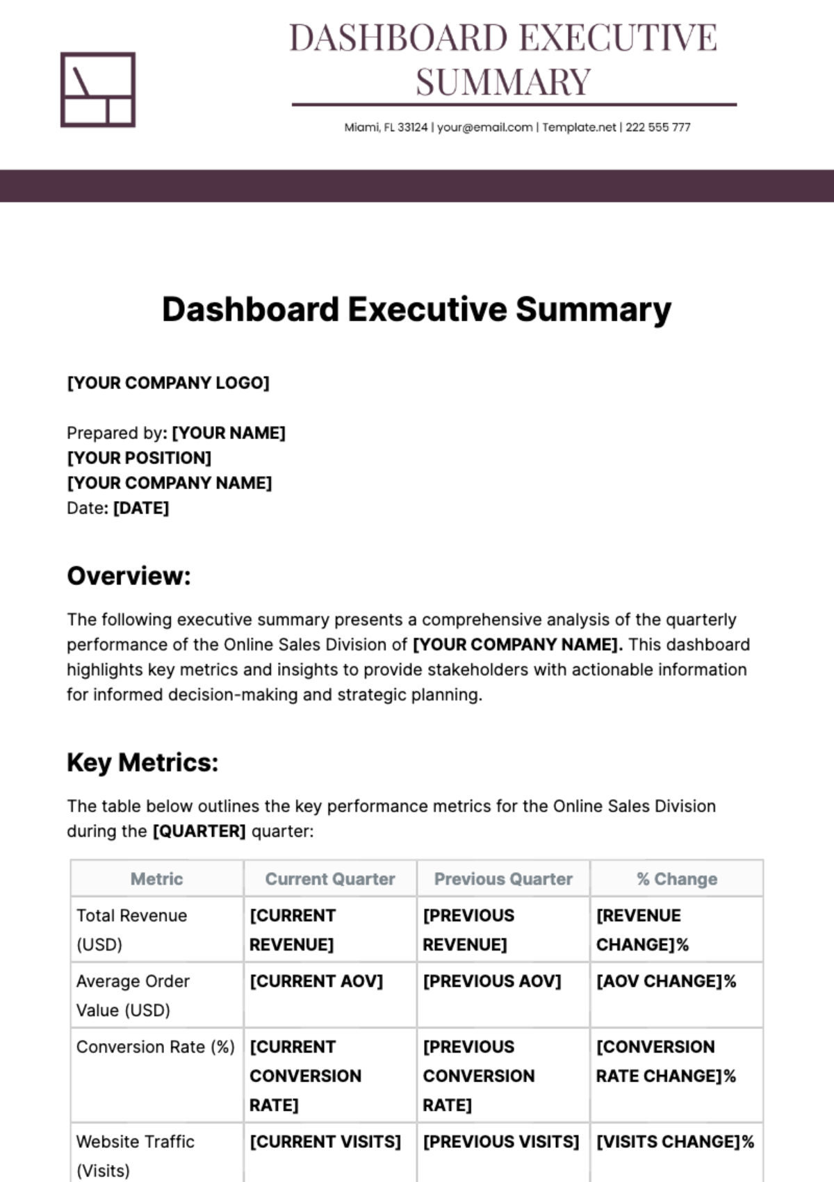 Dashboard Executive Summary Template - Edit Online & Download