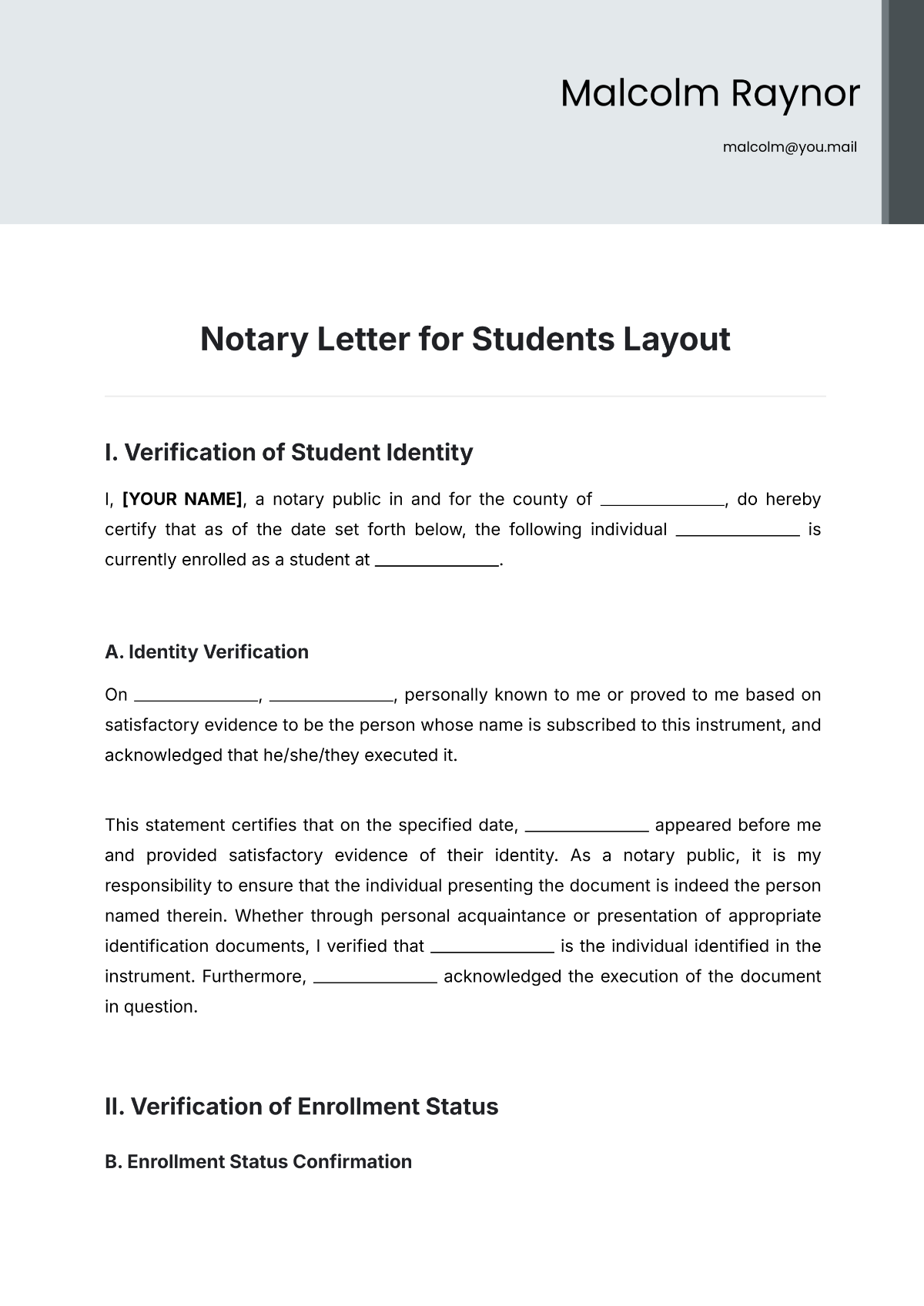 Free Notary Letter for Students Layout Template