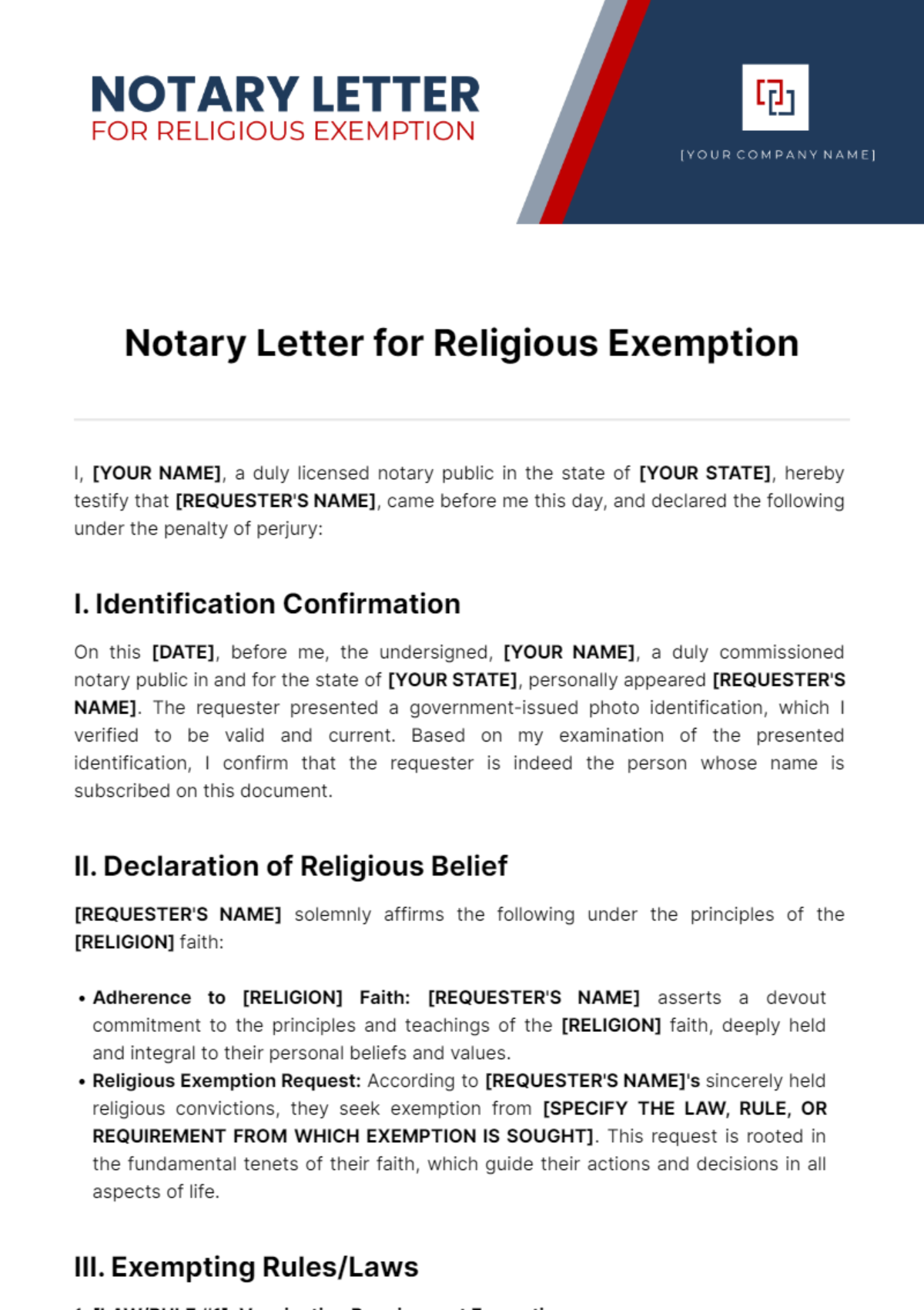 Free Notary Letter for Religious Exemption Template