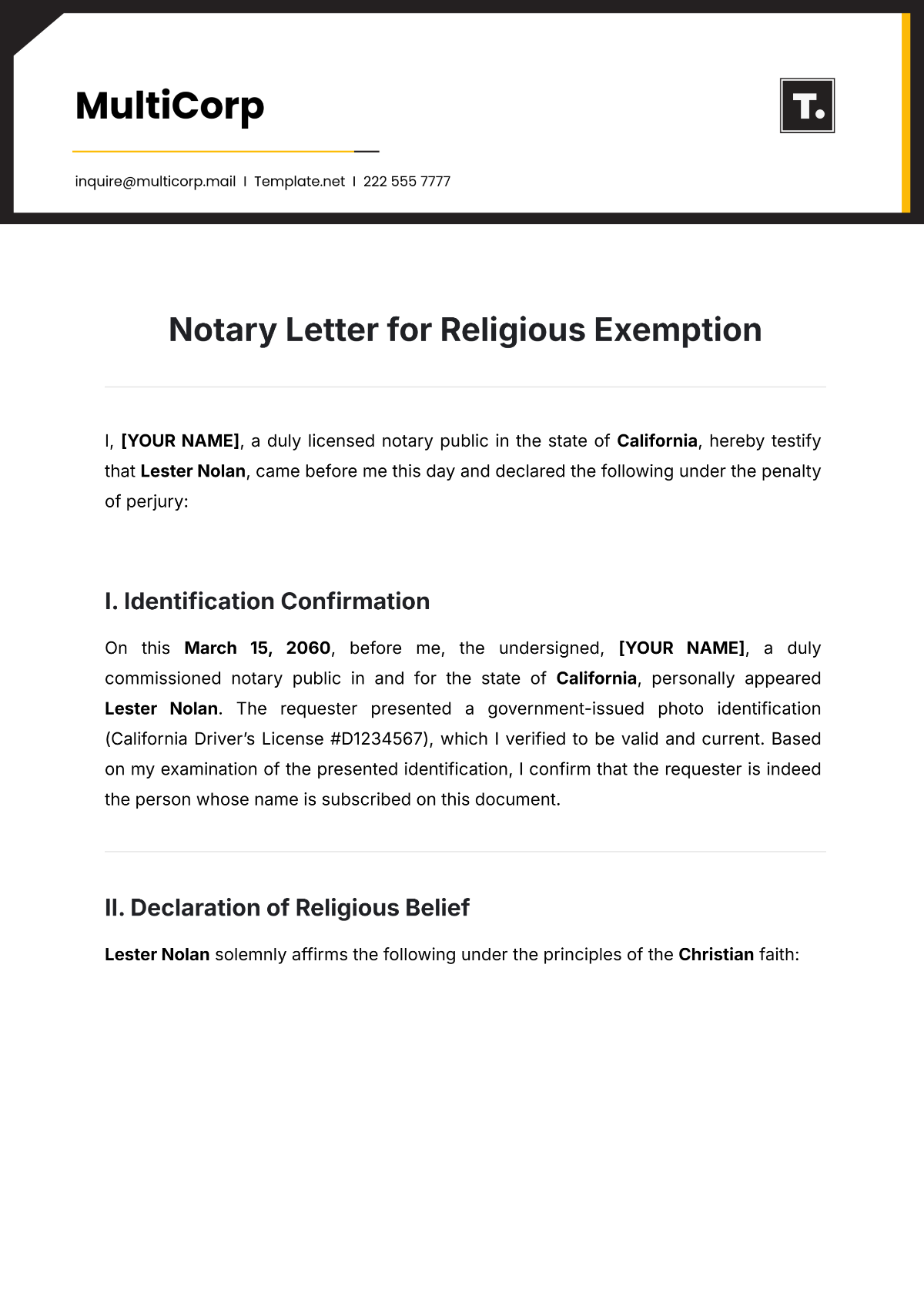 Free Notary Letter for Religious Exemption Template