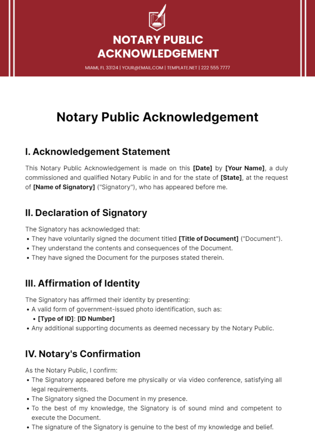 Free Notary Public Acknowledgement Template