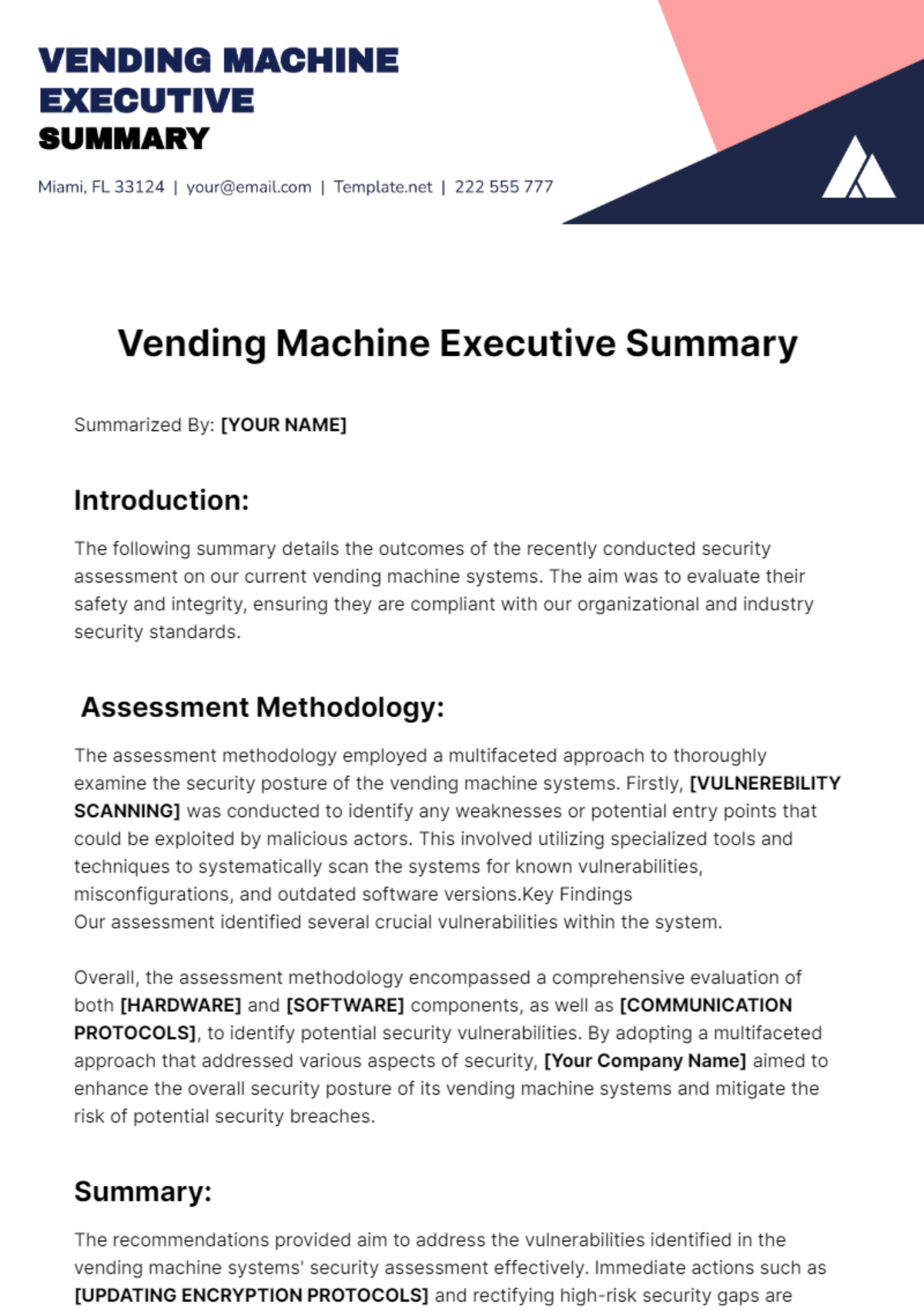 Vending Machine Executive Summary Template