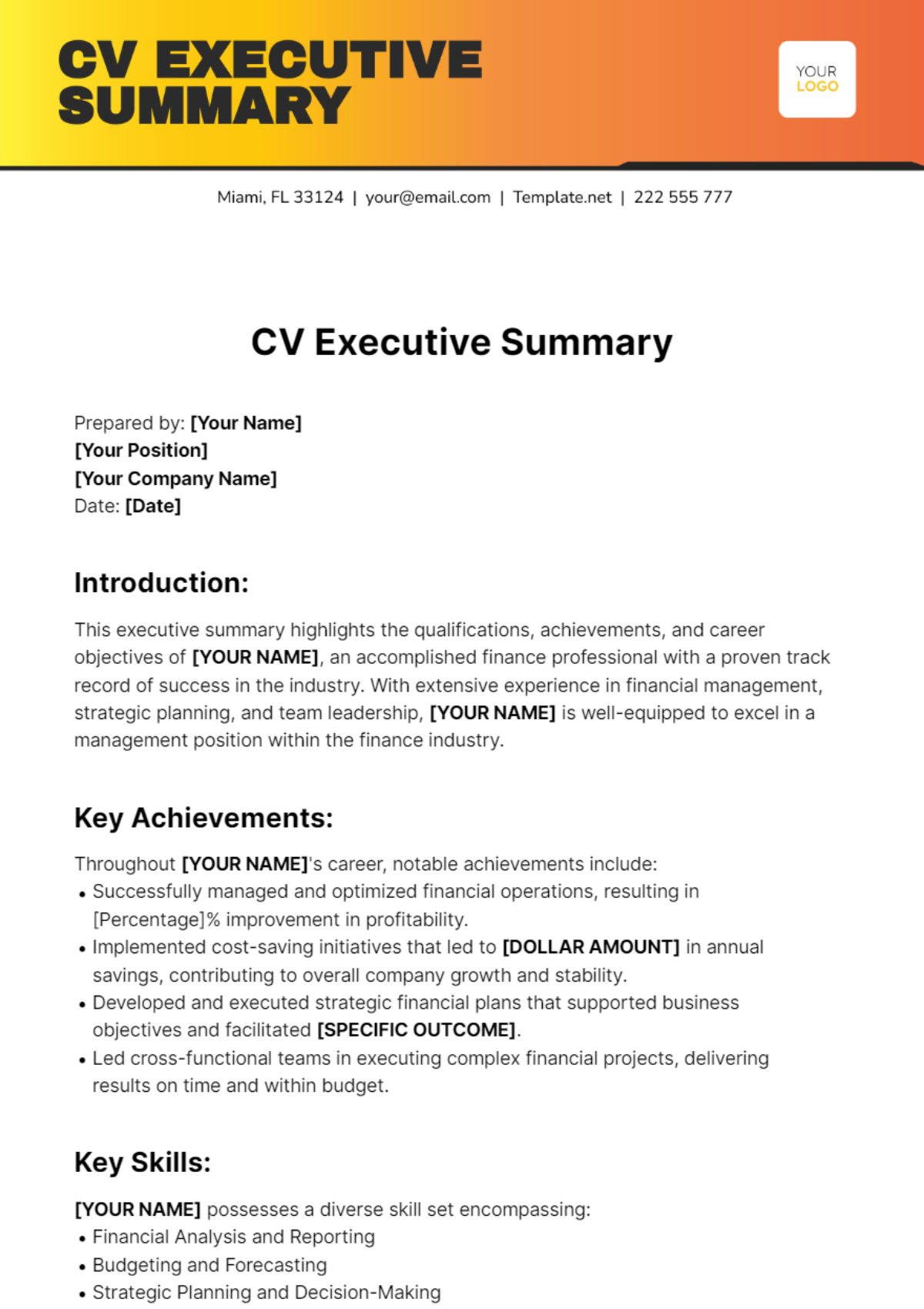 CV Executive Summary Template - Edit Online & Download