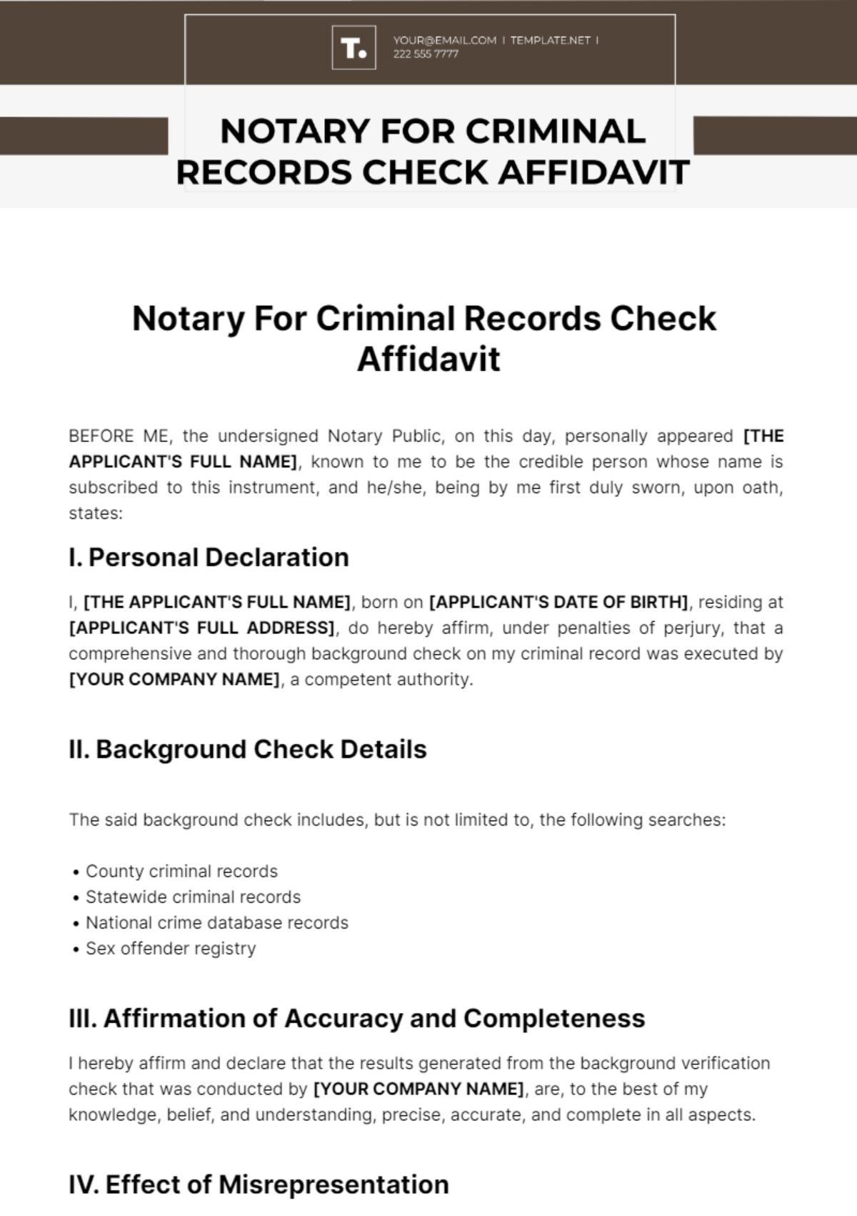 Free Notary For Criminal Records Check Affidavit Template