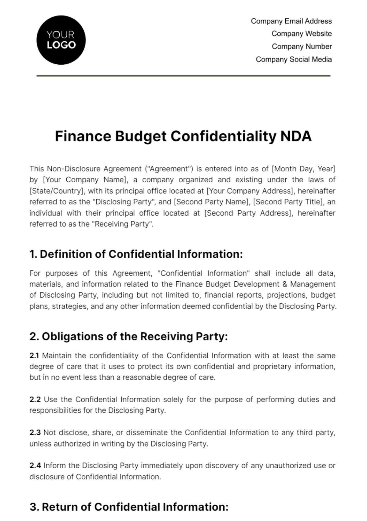 Free Finance Budget Confidentiality NDA Template
