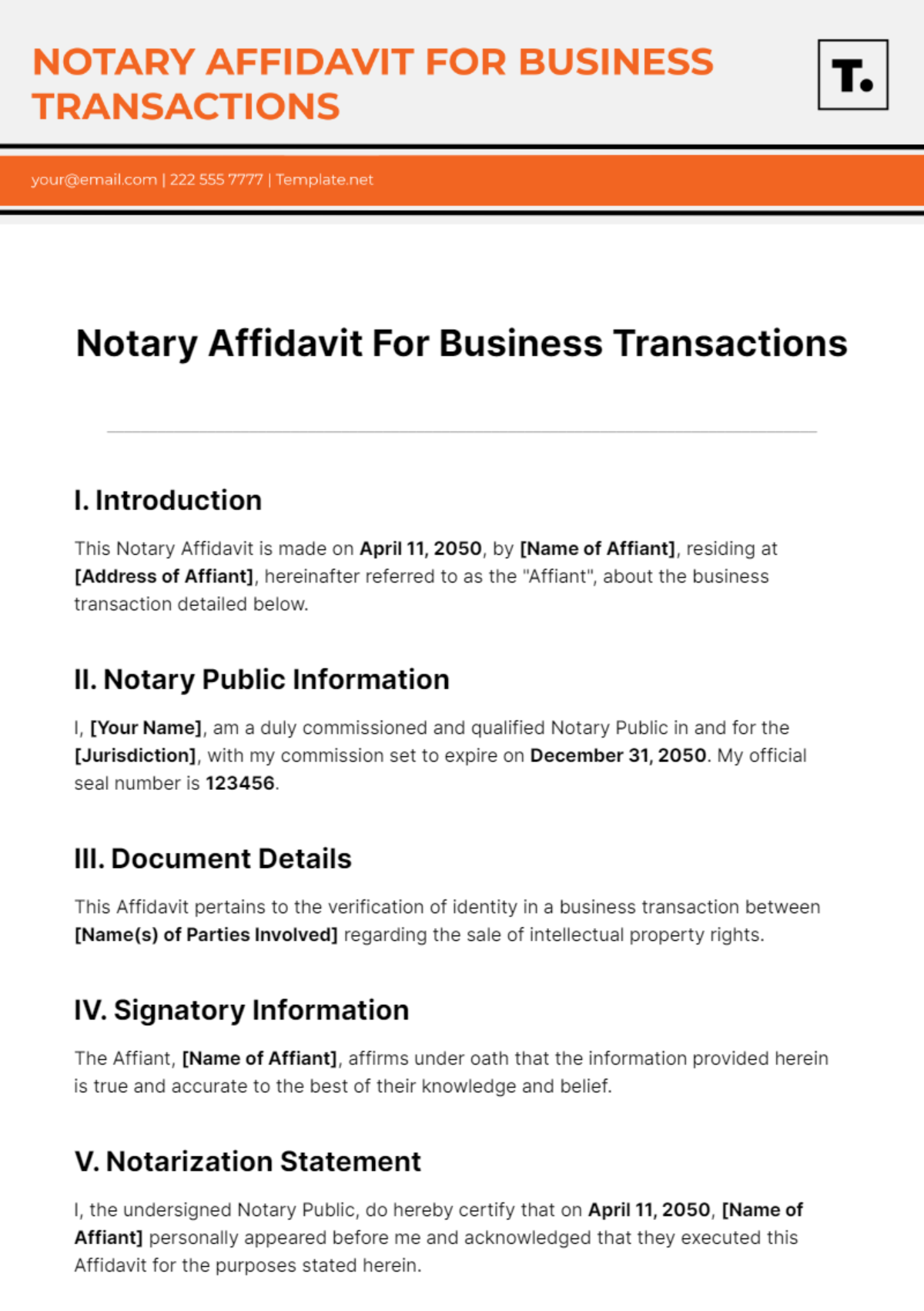 Notary Affidavit For Business Transactions Template