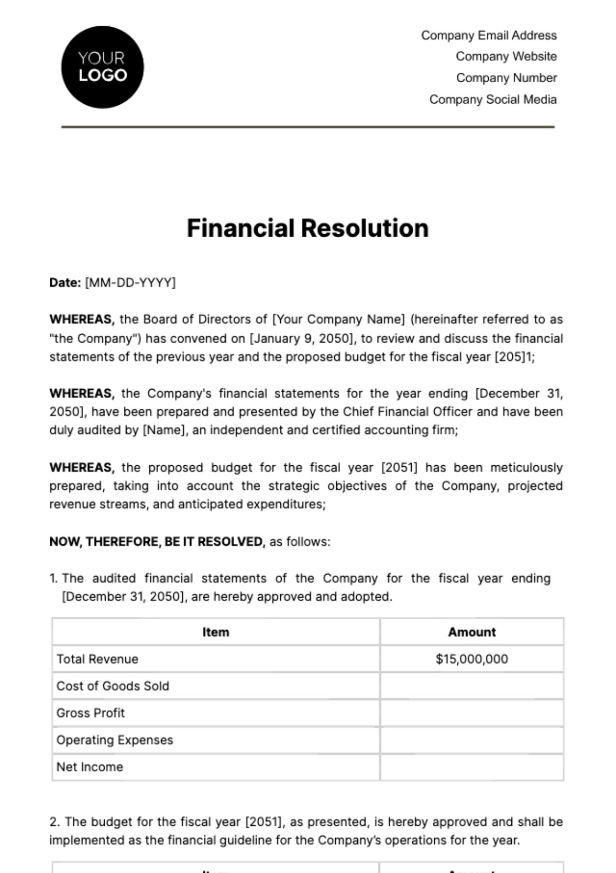 Free Financial Resolution Template