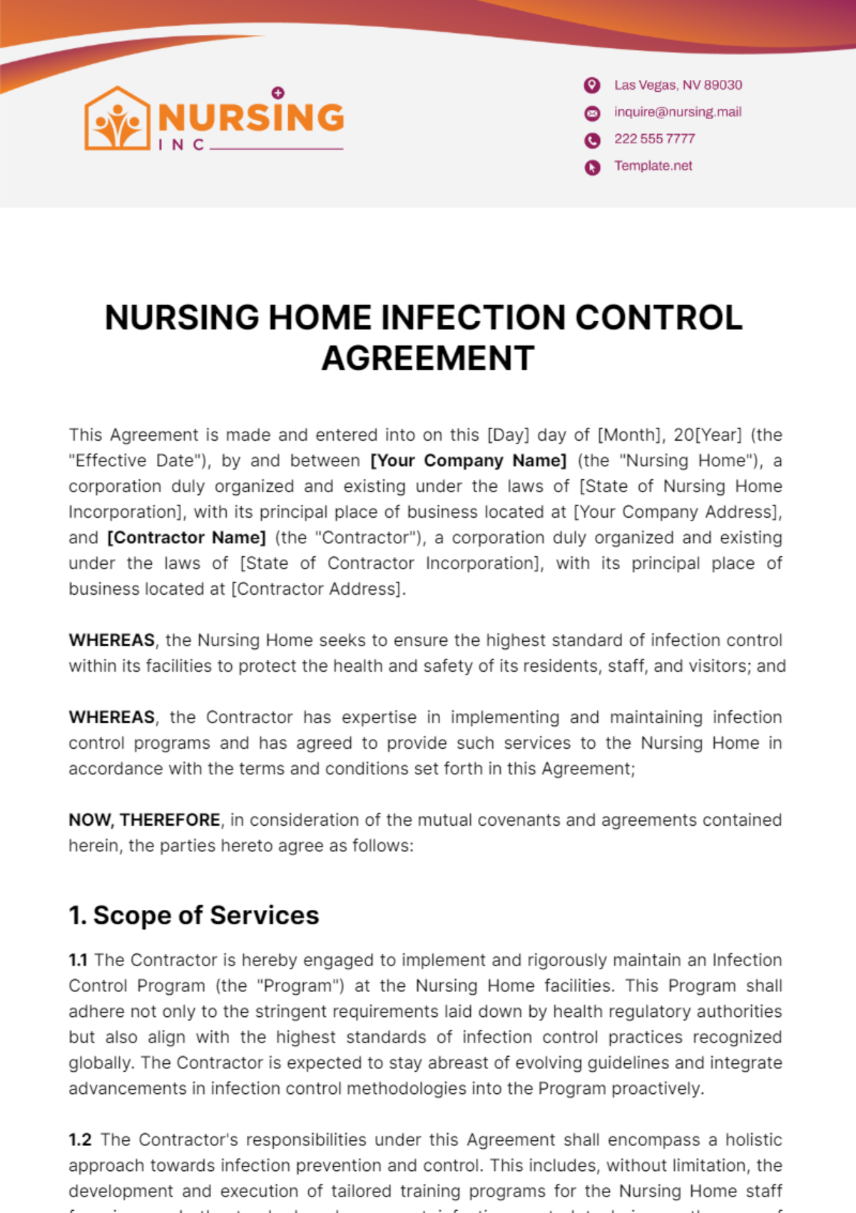 Nursing Home Infection Control Agreement Template