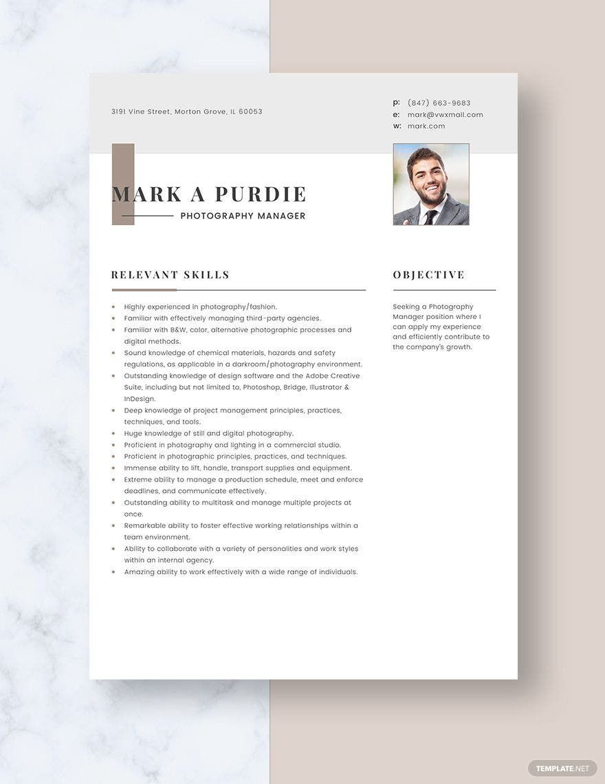 Photography Manager Resume Template