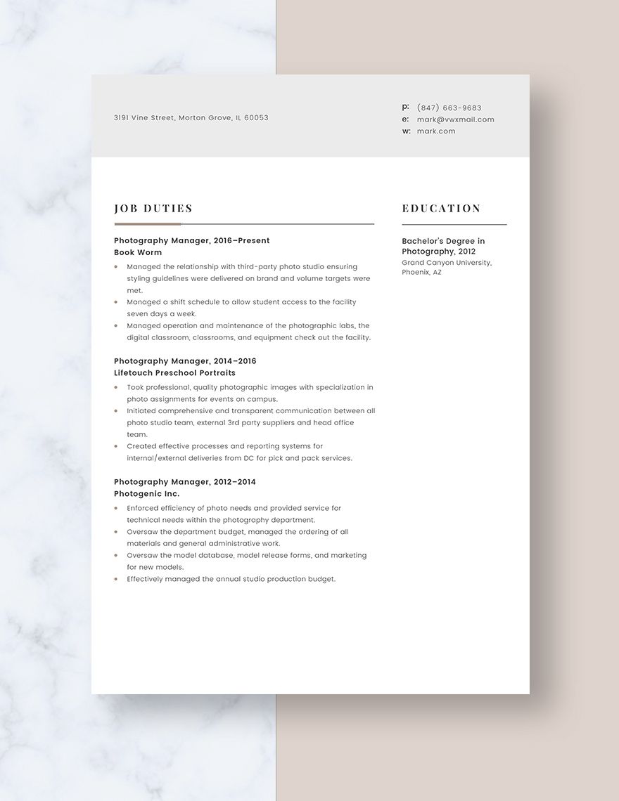 Photography Manager Resume