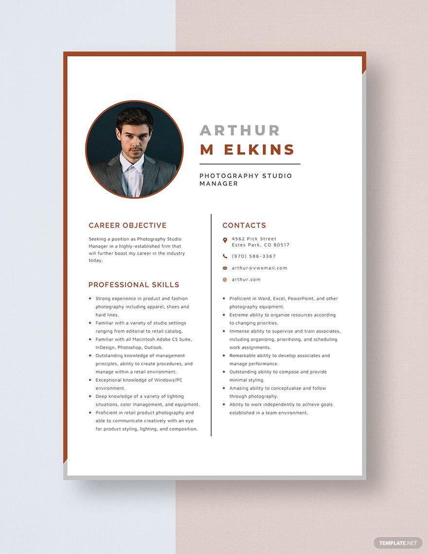 Free Photography Studio Manager Resume Template