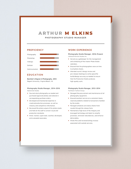 Photography Studio Manager Resume Template