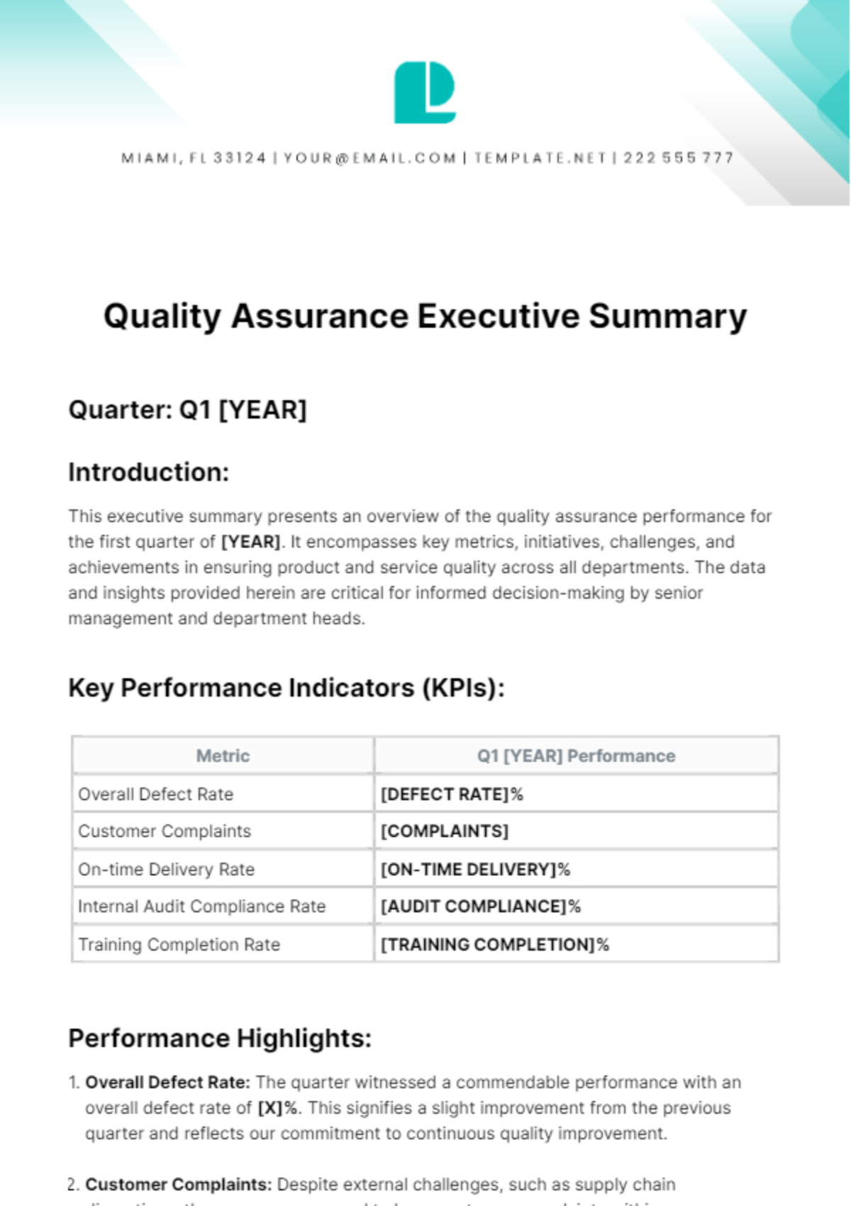 Quality Assurance Executive Summary Template
